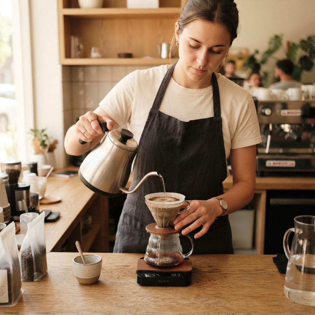 A barista preparing coffee at the counter