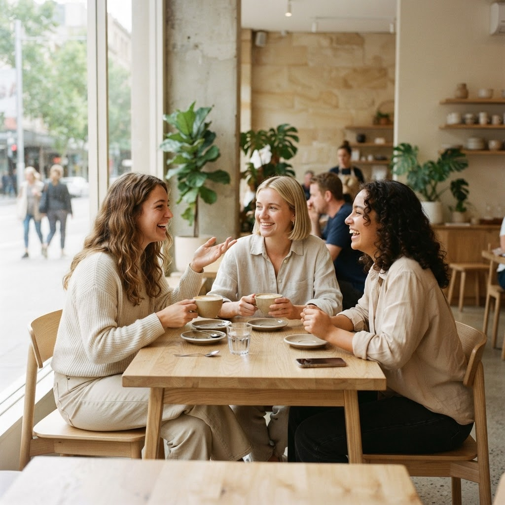 Friends sharing coffee at a window table