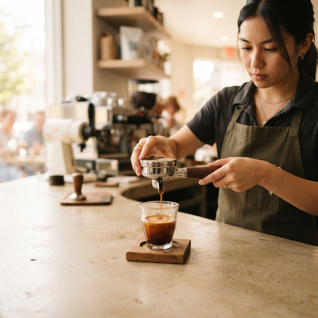 A barista pouring a fresh espresso shot into a glass at Community Goods LA
