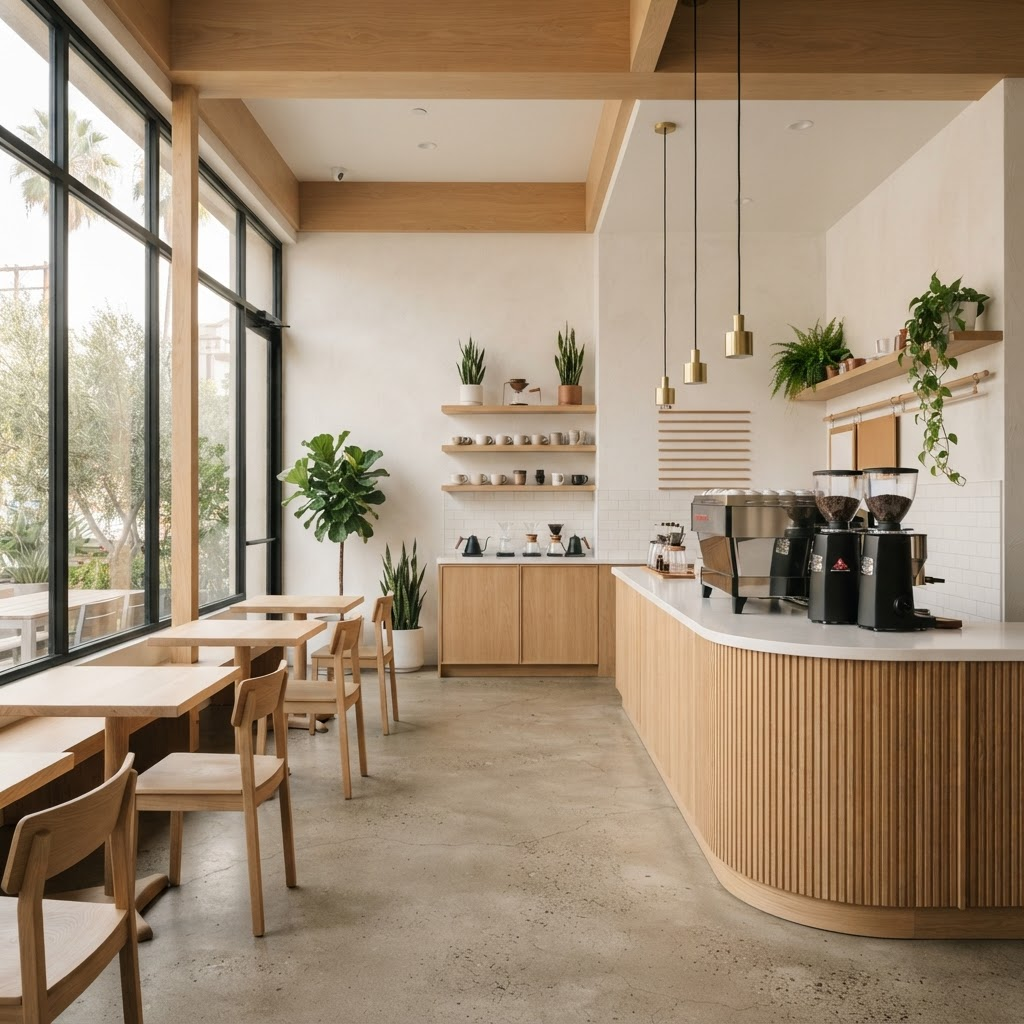 The bright, minimal interior of Community Goods LA with oak counters and natural light