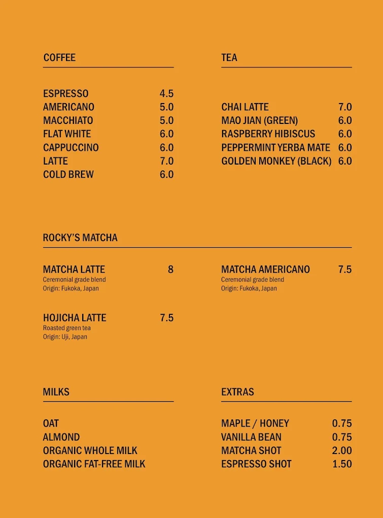 Community Goods coffee, tea, Rocky's matcha, milks and extras menu