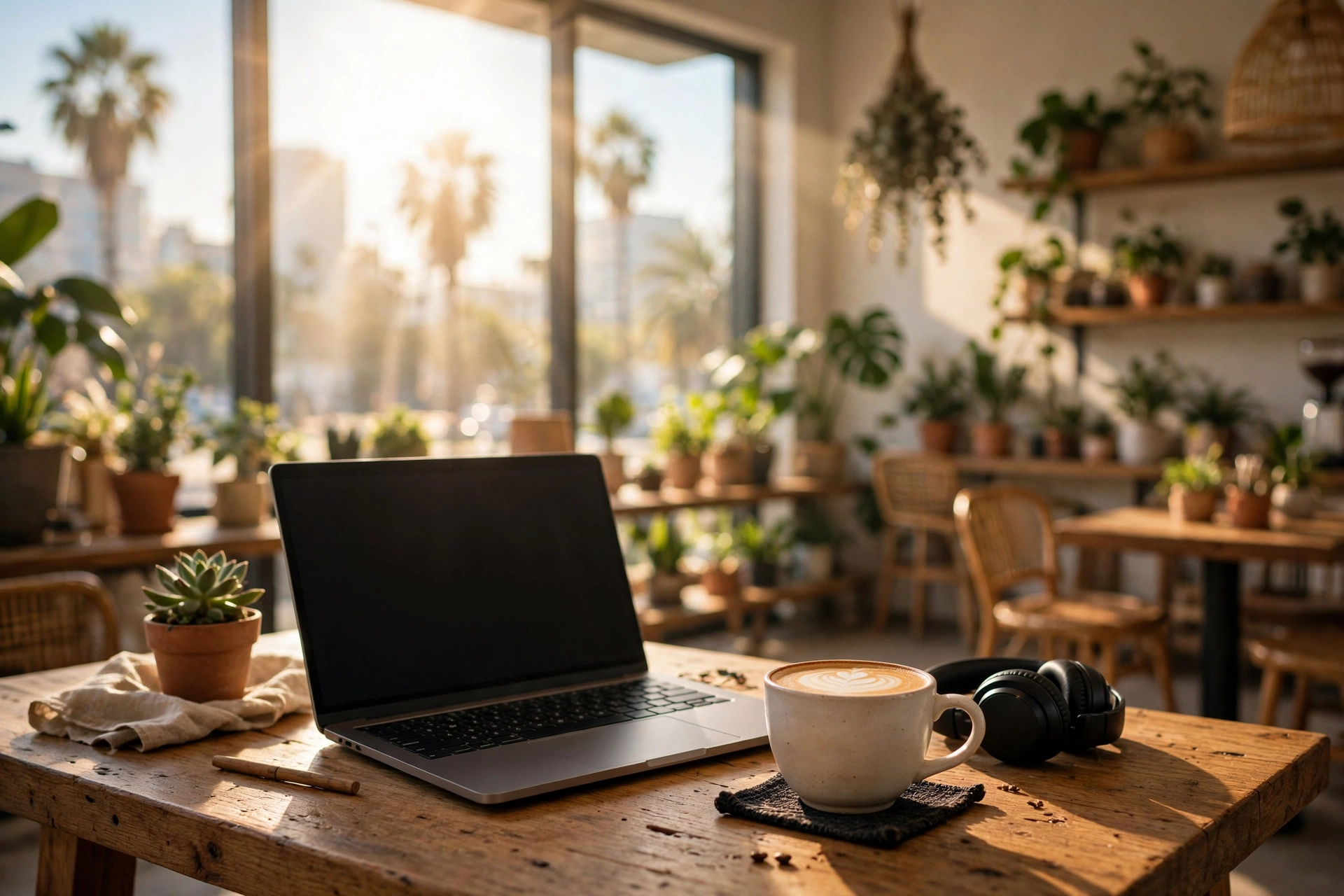 Sunlit Los Angeles café interior with a laptop and latte on a wooden table
