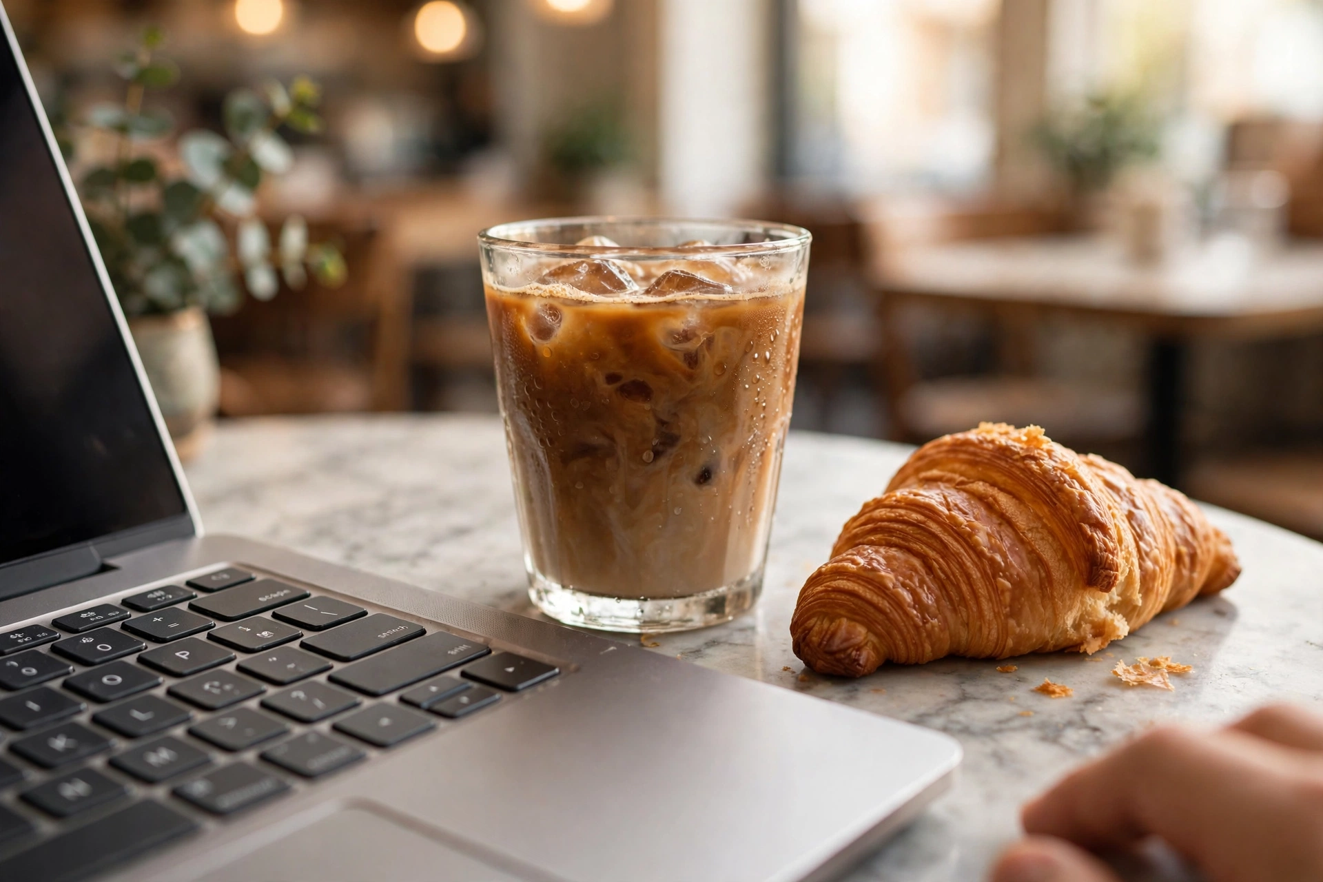 Iced coffee and croissant beside a laptop on a marble café table