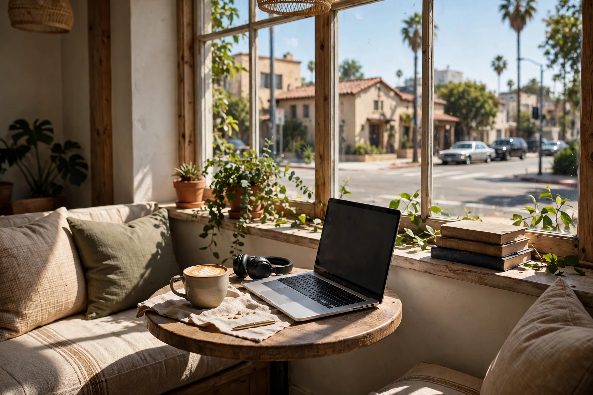 Cozy café window seat with laptop, latte, and books in Los Angeles