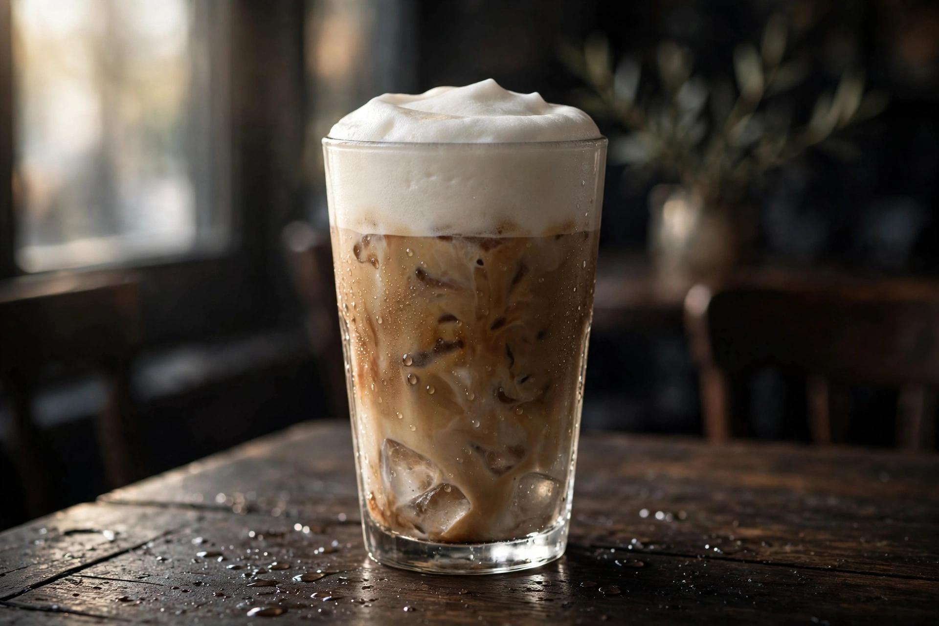Tall glass of iced latte crowned with a thick layer of velvety cold foam