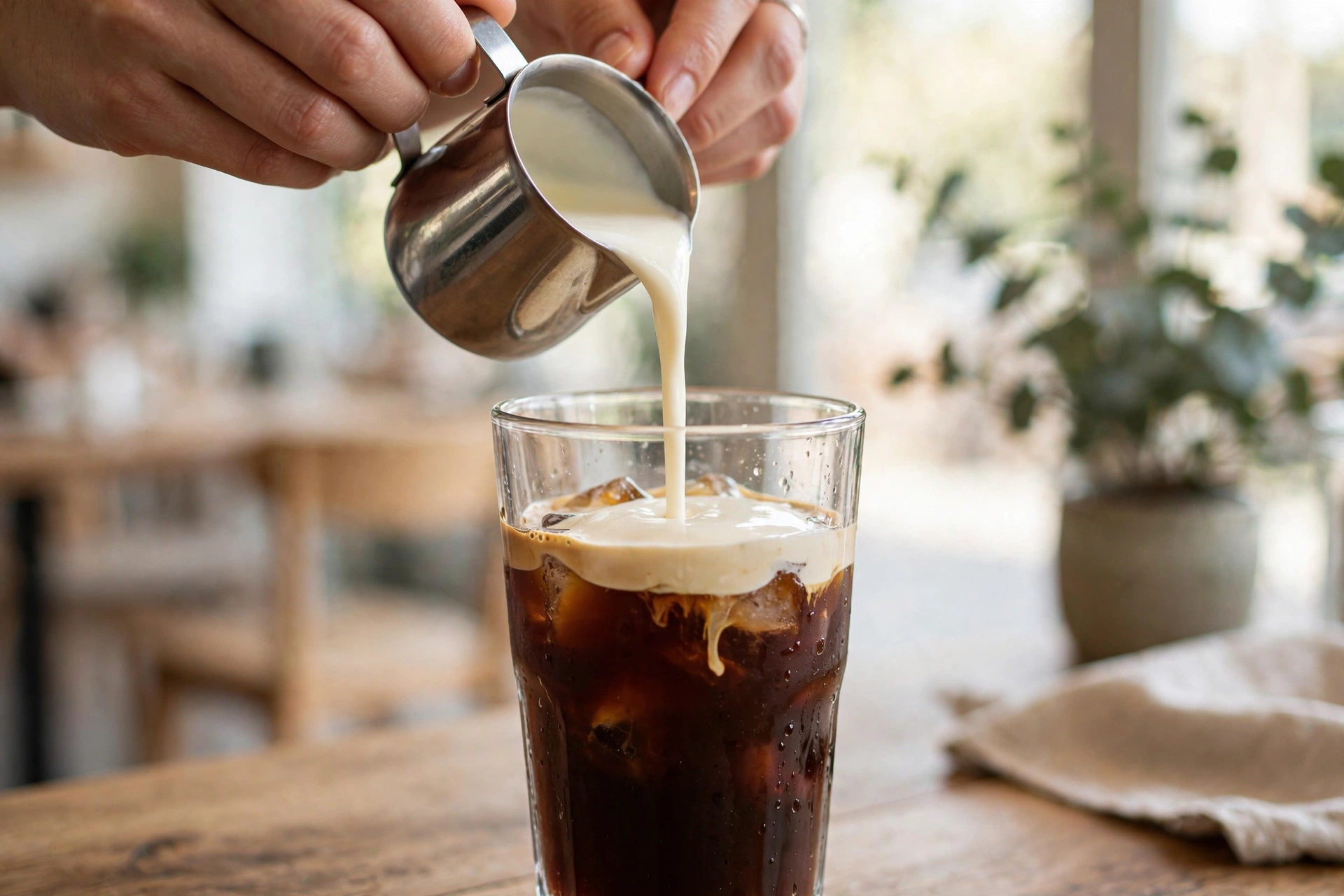 Thick sweet cream being poured over dark iced espresso in a clear glass