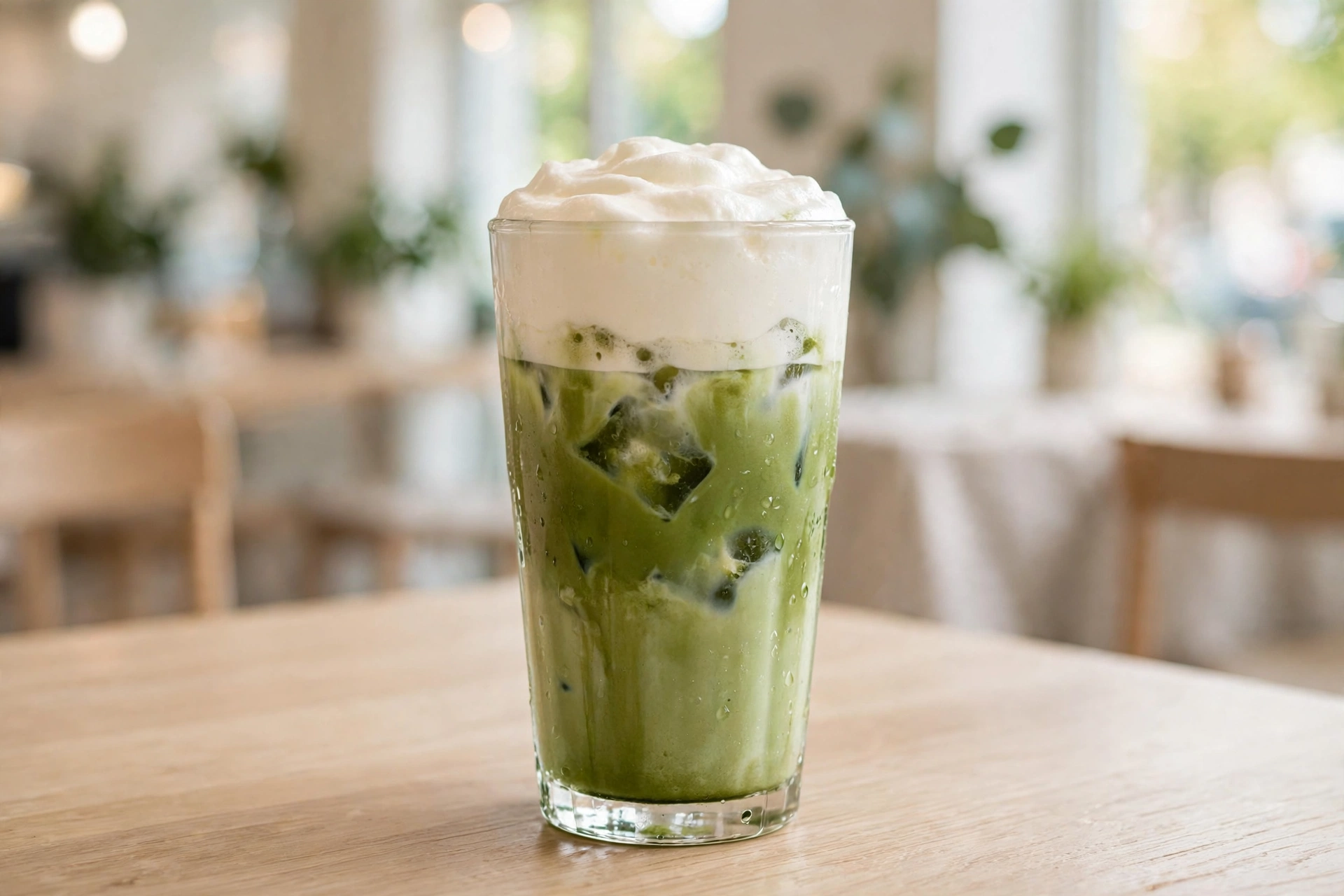 Iced matcha latte with a thick sweet cream cold foam top