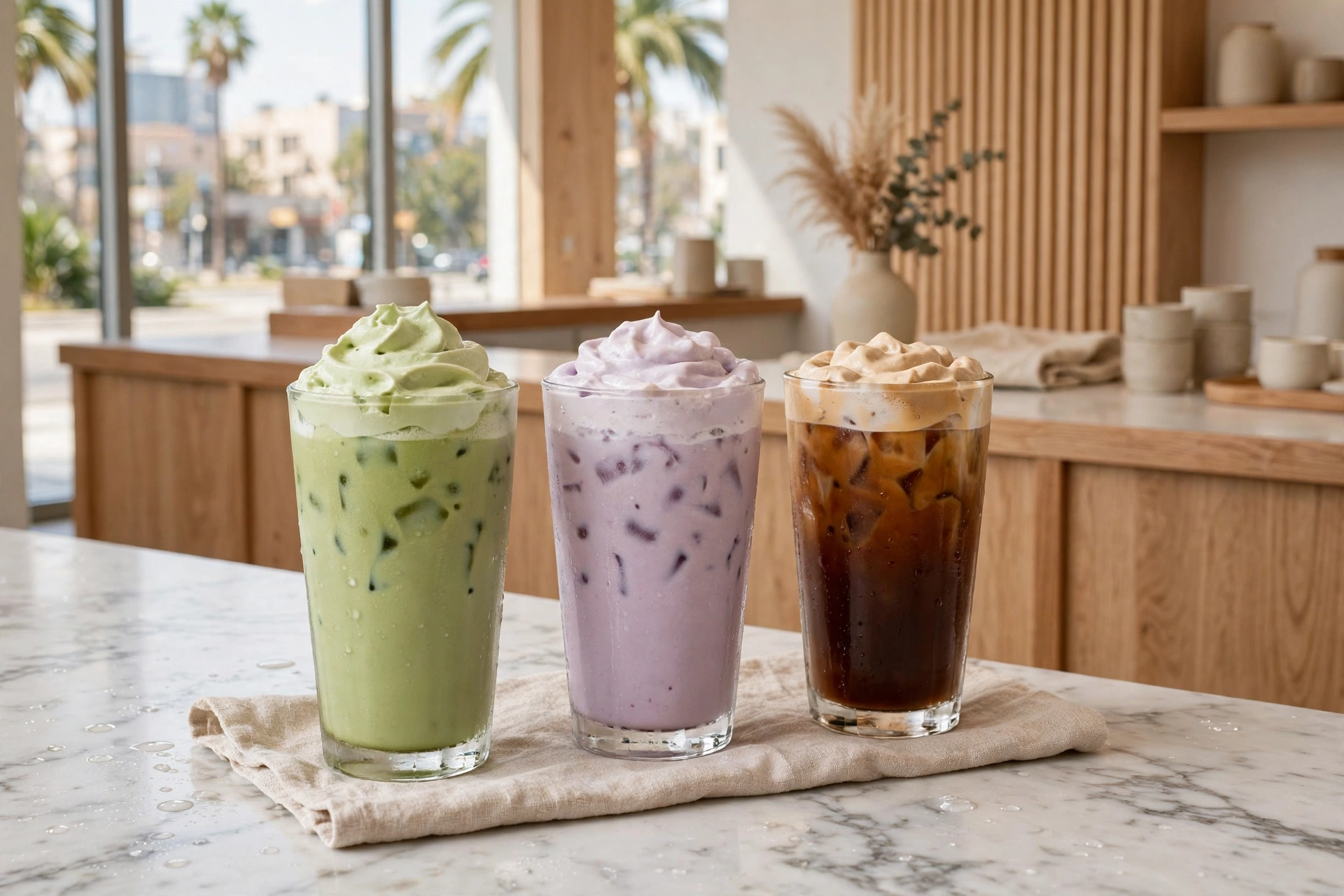 Three cream-topped iced drinks — matcha, taro, and espresso — at a Korean café