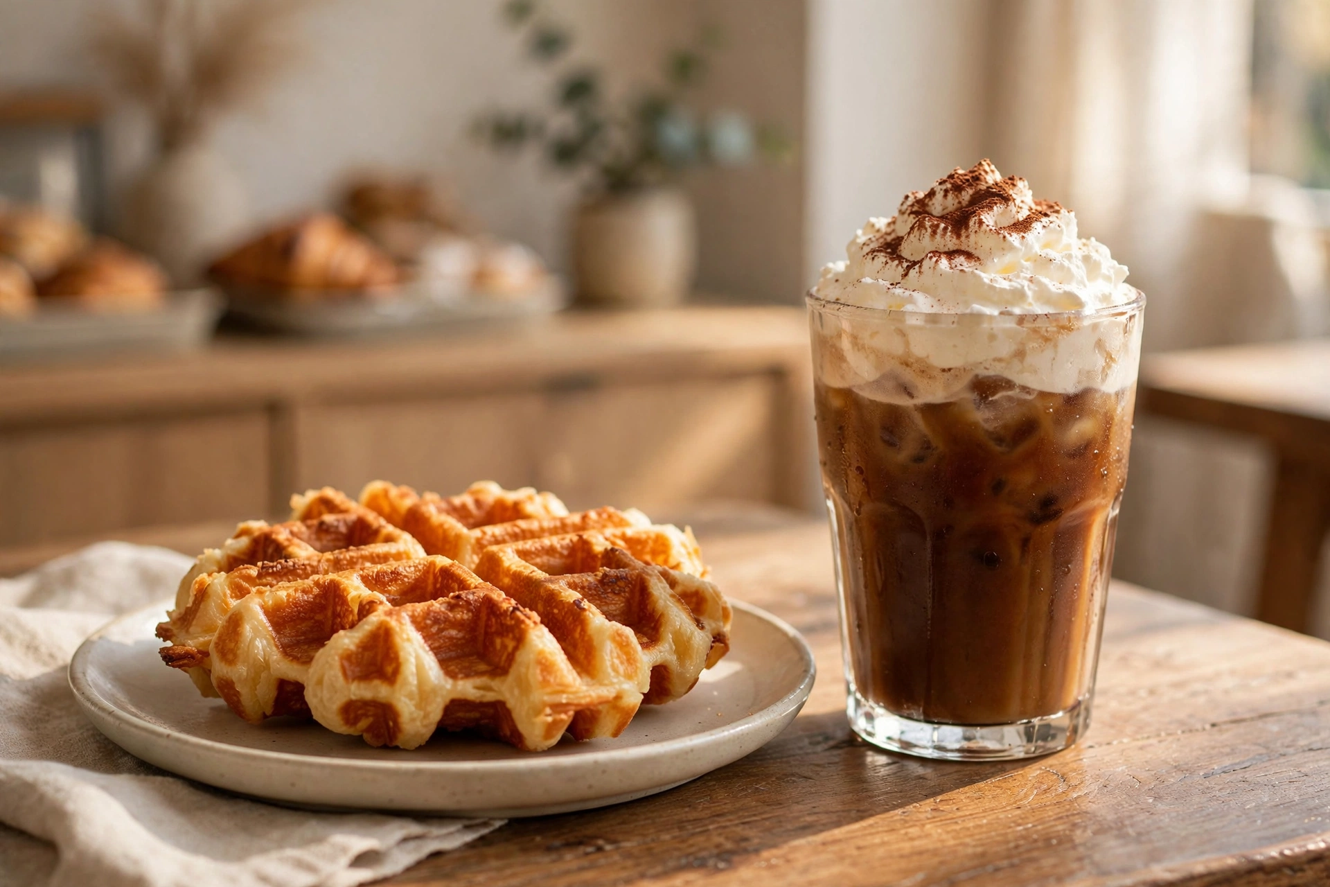 Golden croffle and cream-topped einspänner coffee on a café table