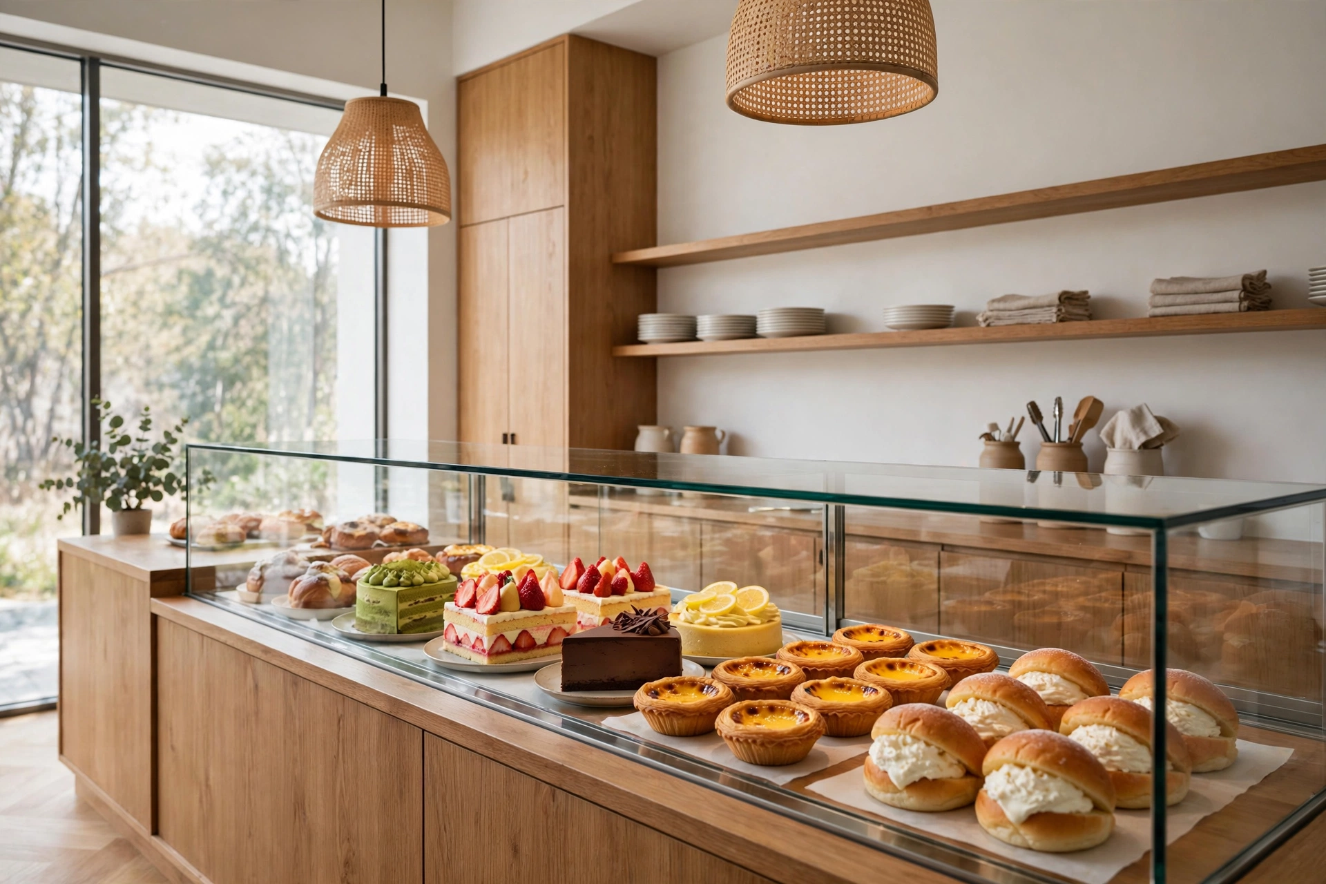 Korean bakery display case with cakes, egg tarts, and cream-filled buns