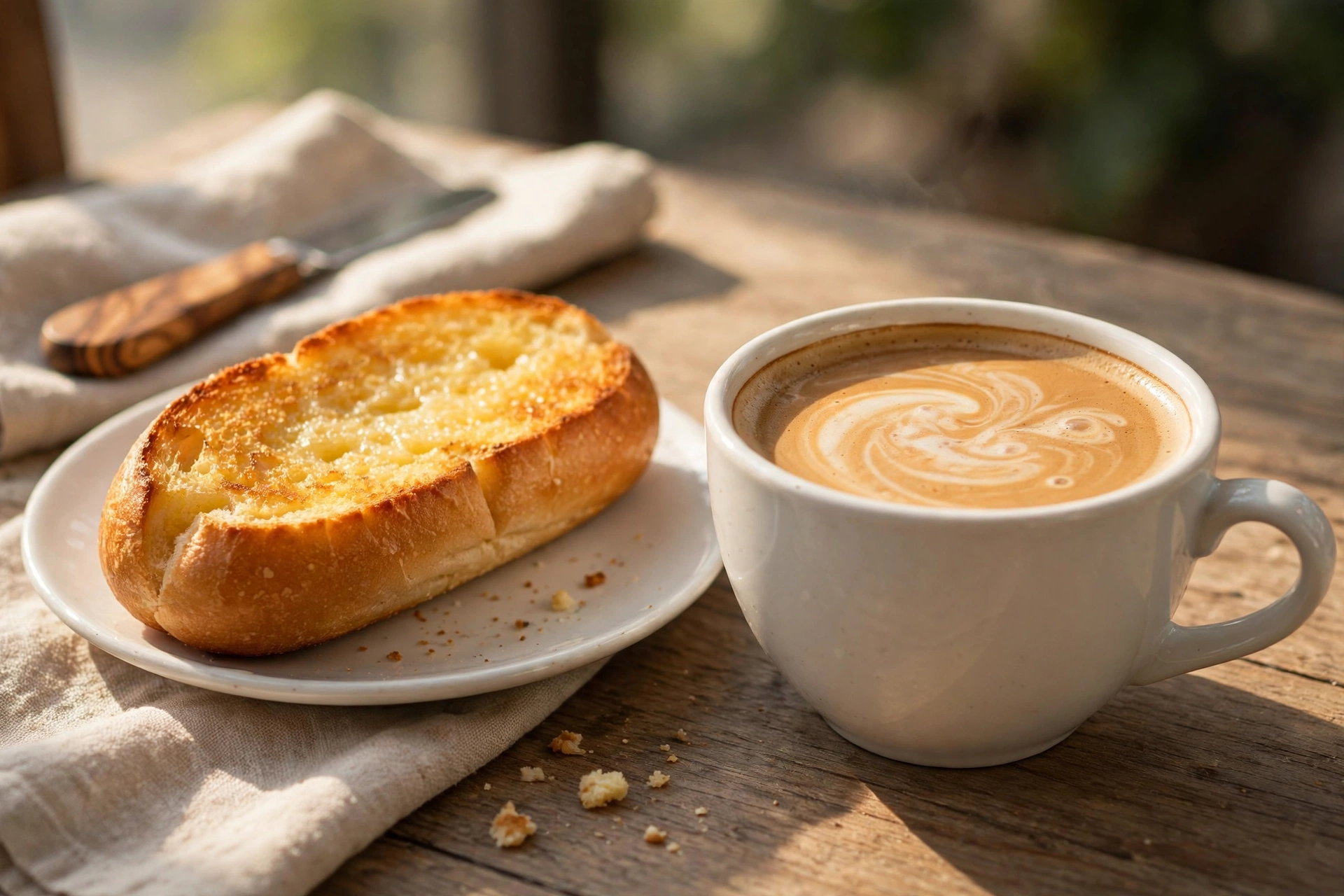 A café con leche in a white cup with latte art beside toasted Cuban bread