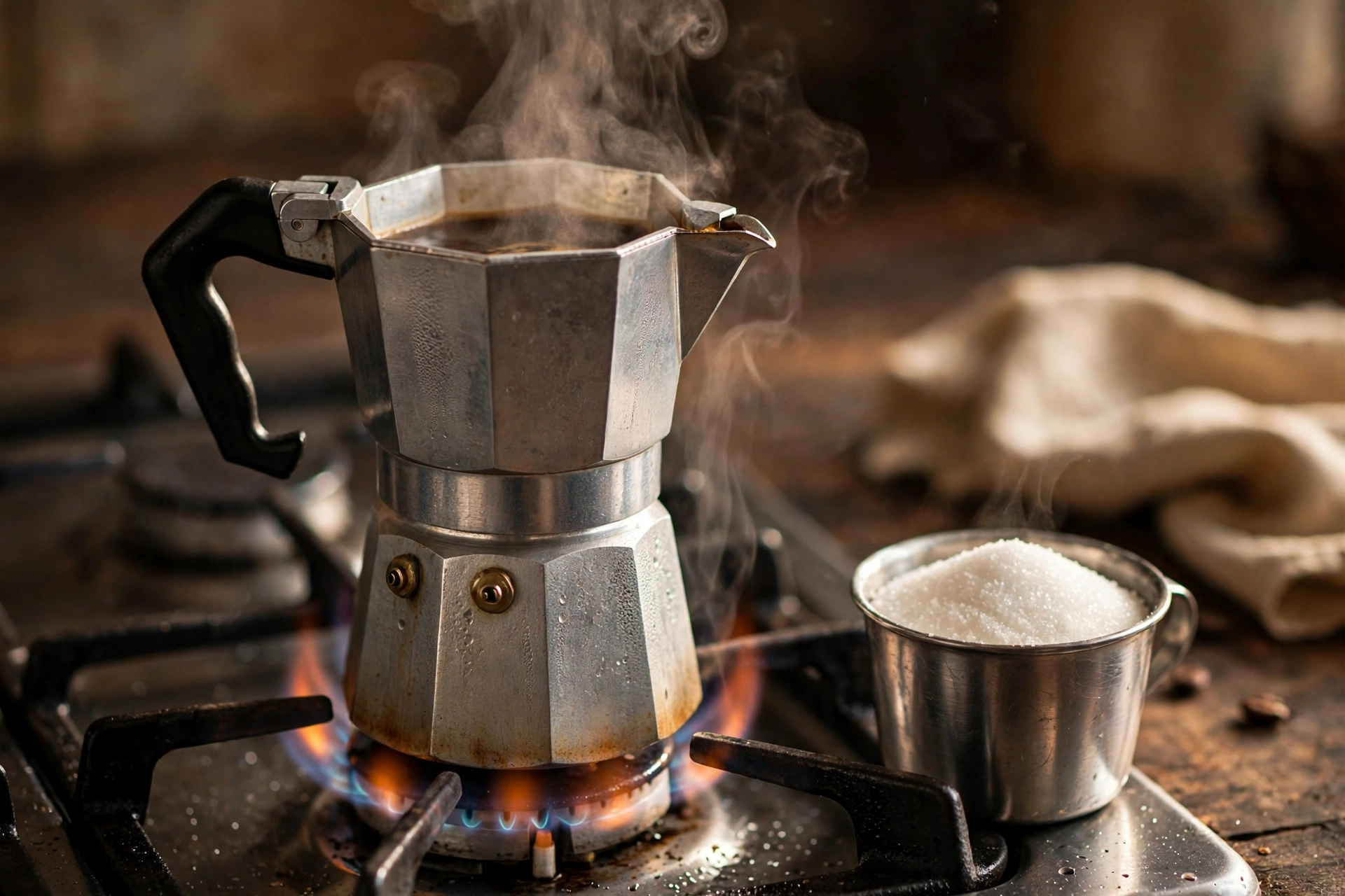 A moka pot brewing Cuban espresso on a gas stove next to a cup of sugar