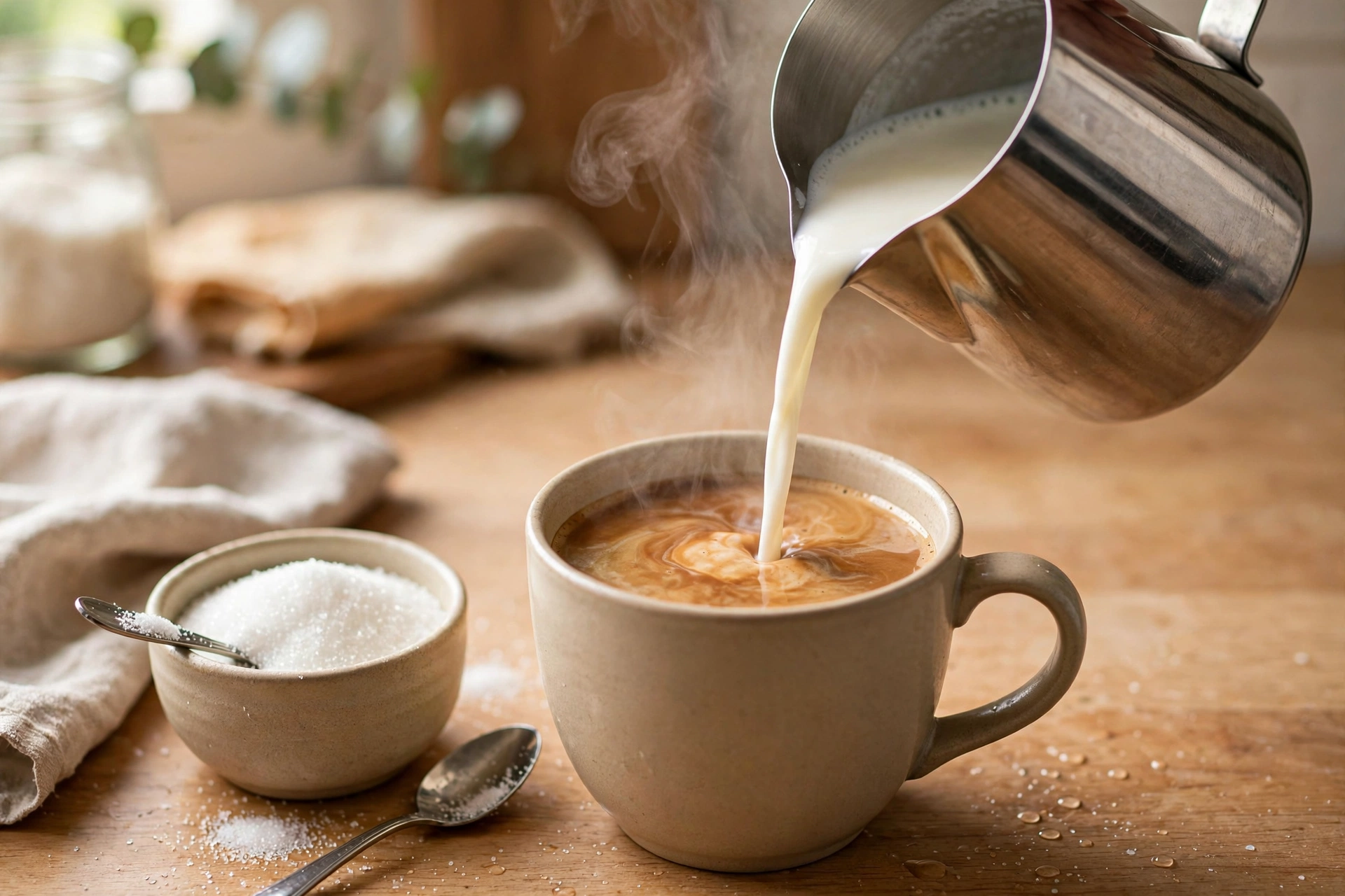 Hot steamed milk being poured into dark espresso to make café con leche