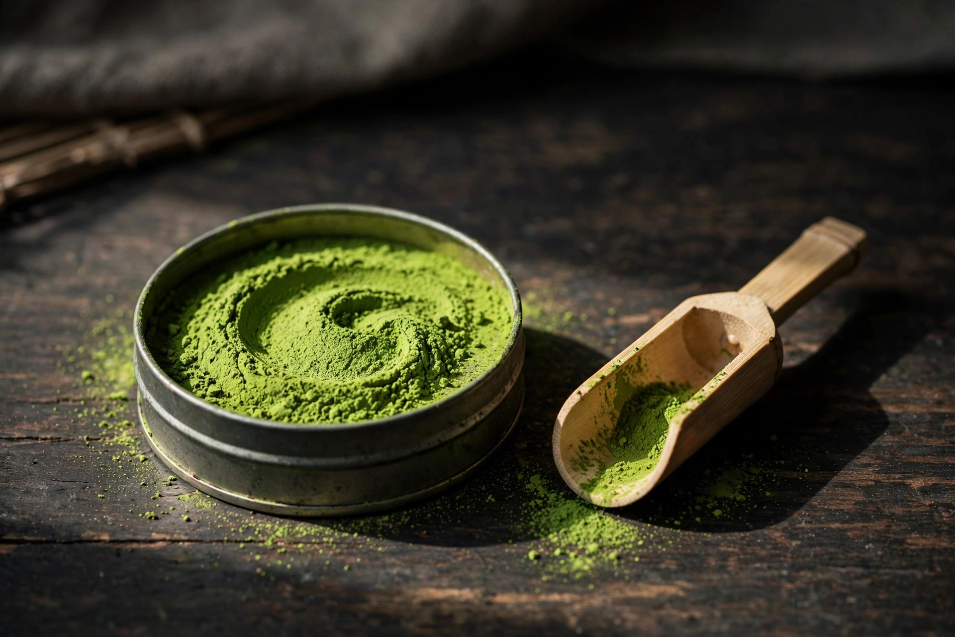 Open tin of vivid green ceremonial grade matcha powder with a bamboo scoop