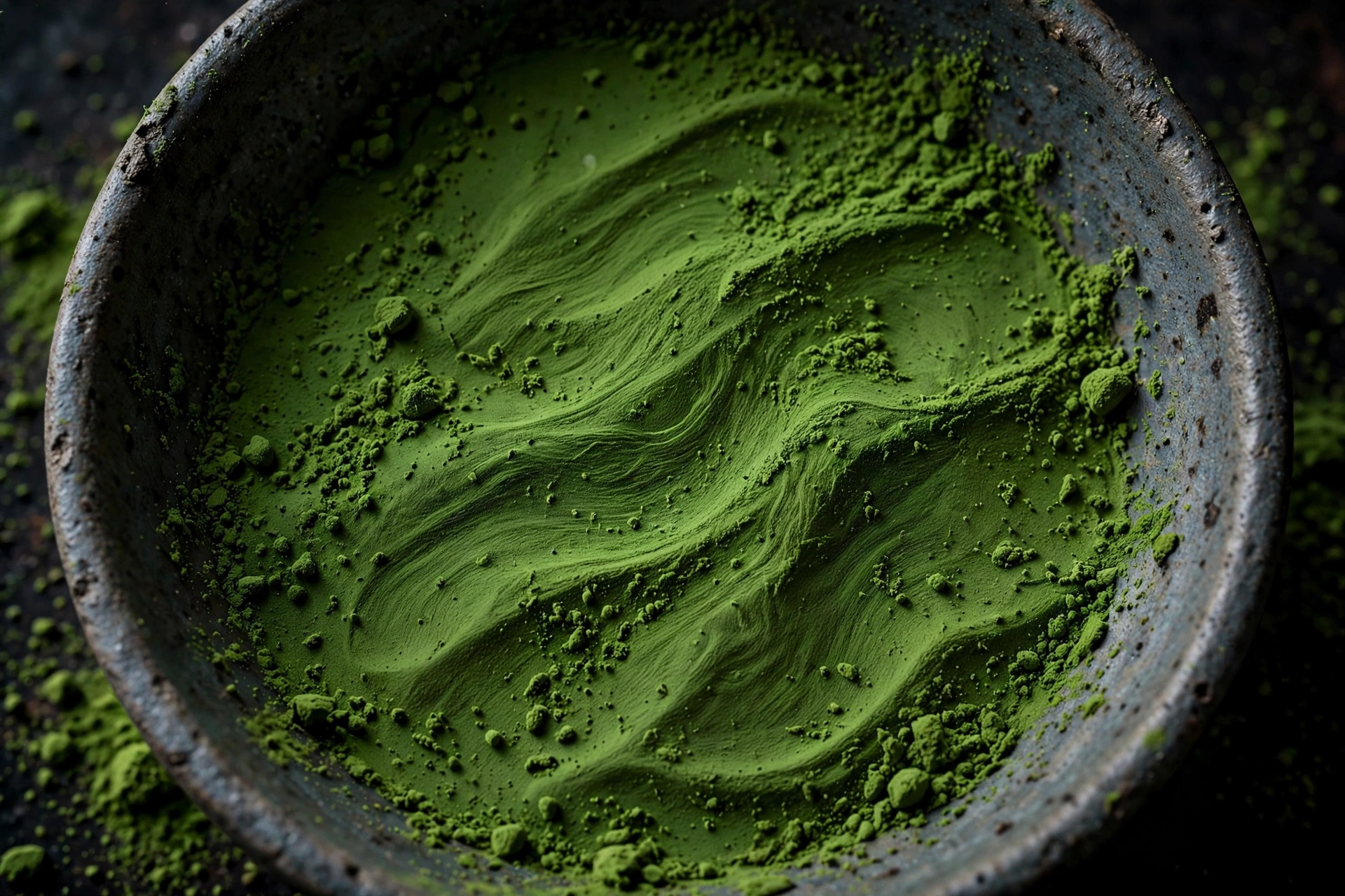 Close-up of emerald green ceremonial matcha powder showing ultra-fine silky texture