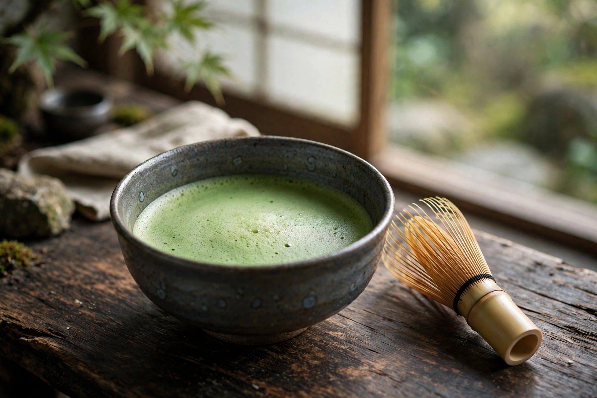 Ceramic bowl of whisked ceremonial matcha with fine green microfoam beside a bamboo whisk