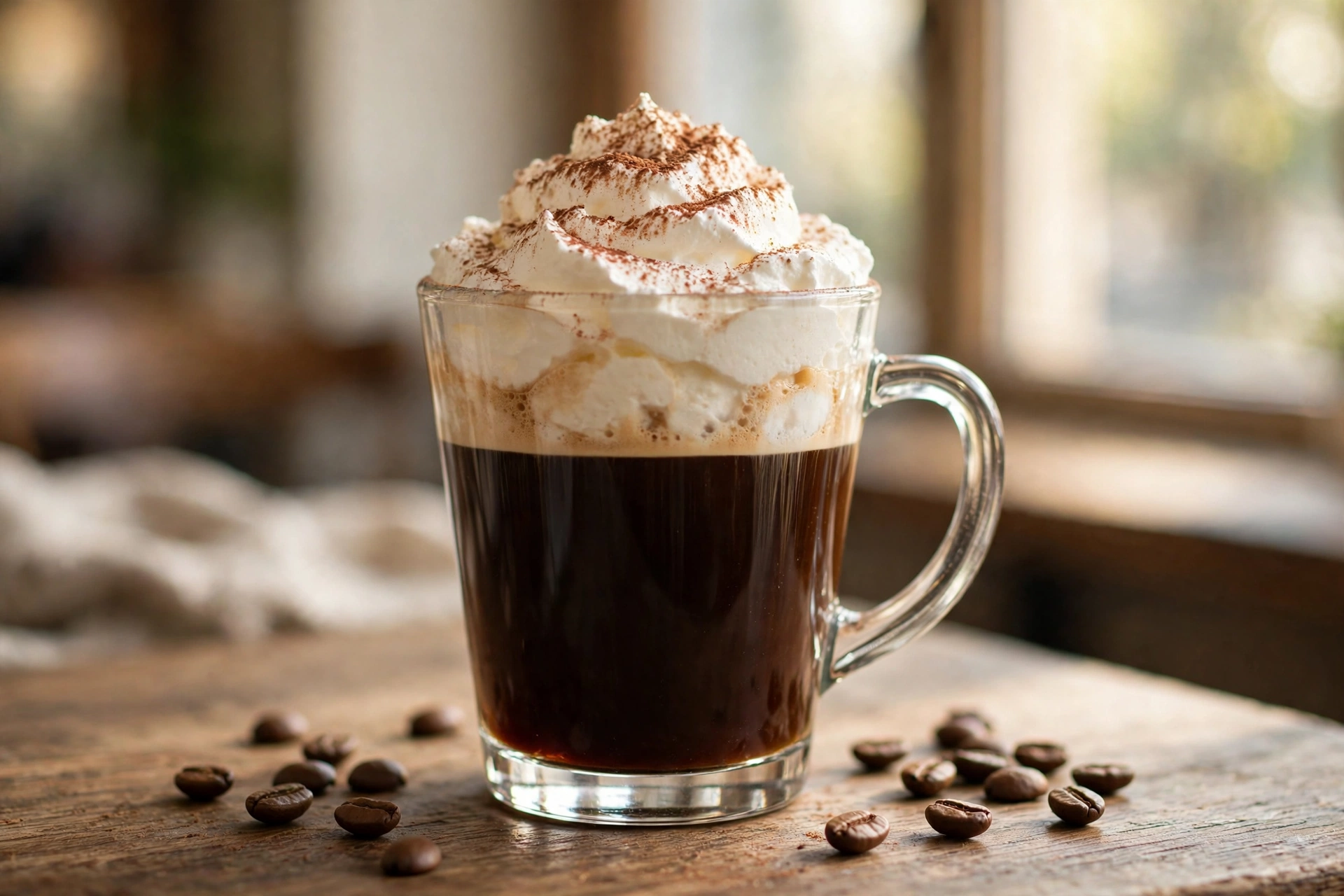 A classic einspänner in a tall clear glass with dark espresso under whipped cream dusted with cocoa