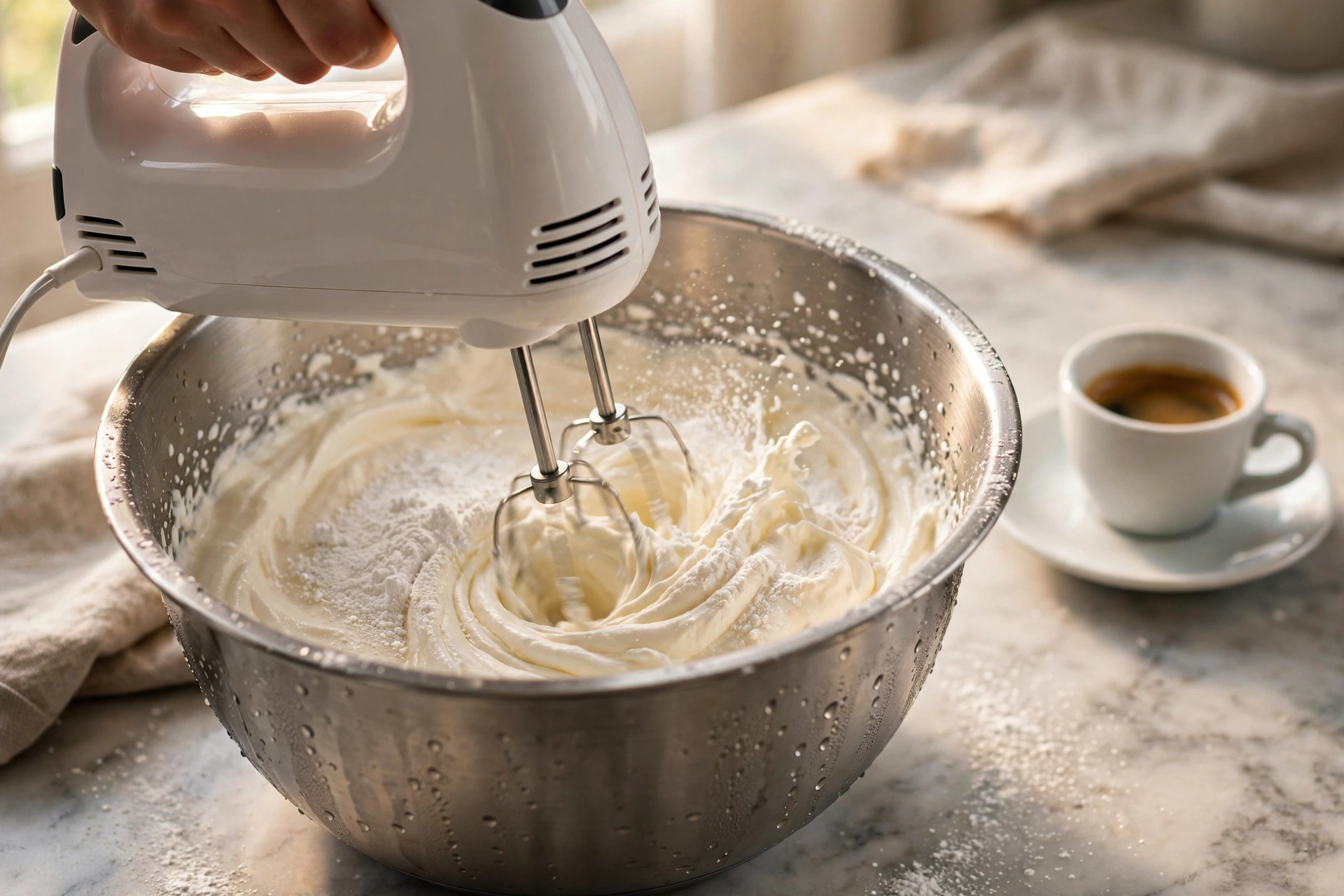 Whipping heavy cream with powdered sugar using an electric hand mixer