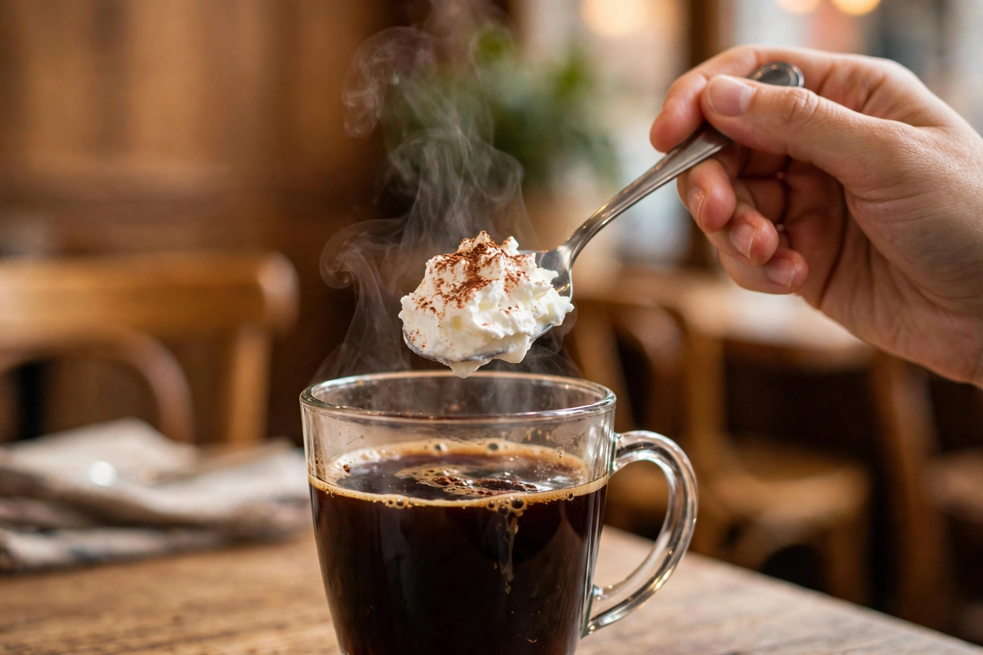 Spooning whipped cream onto steaming espresso in a clear glass mug