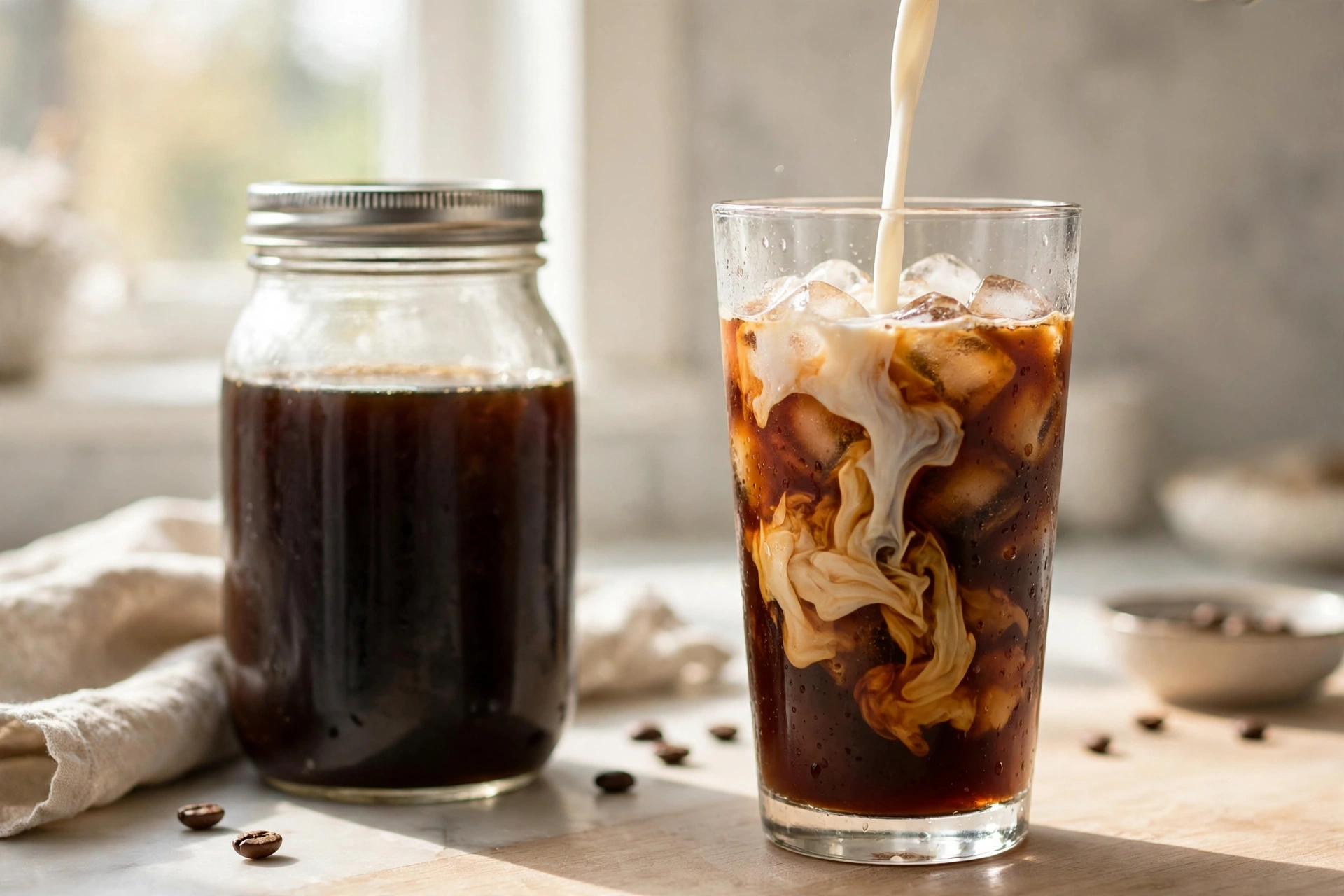Cold brew concentrate in a mason jar with milk being poured into a glass of iced cold brew