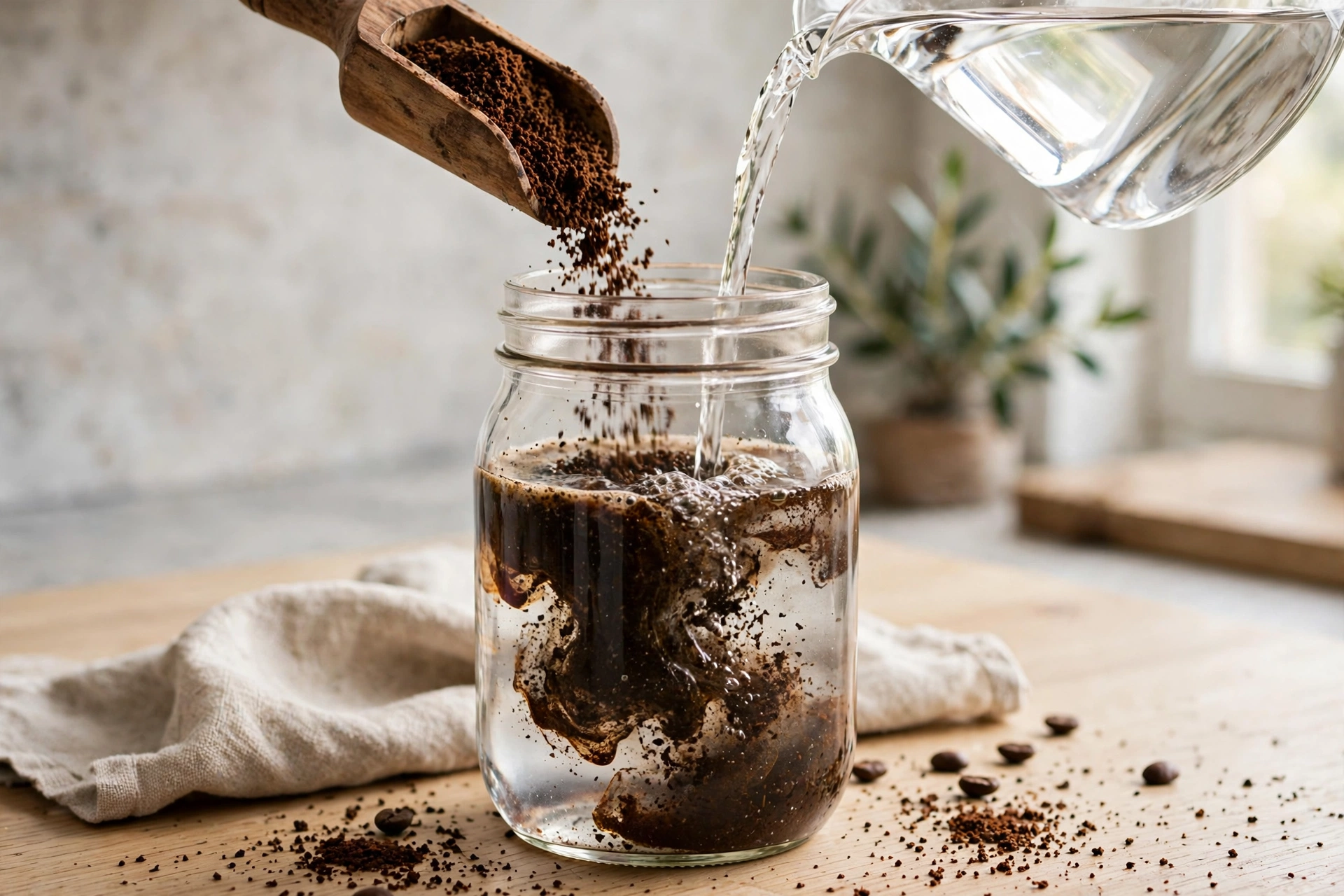 Coarse coffee grounds and water being added to a glass jar to make cold brew