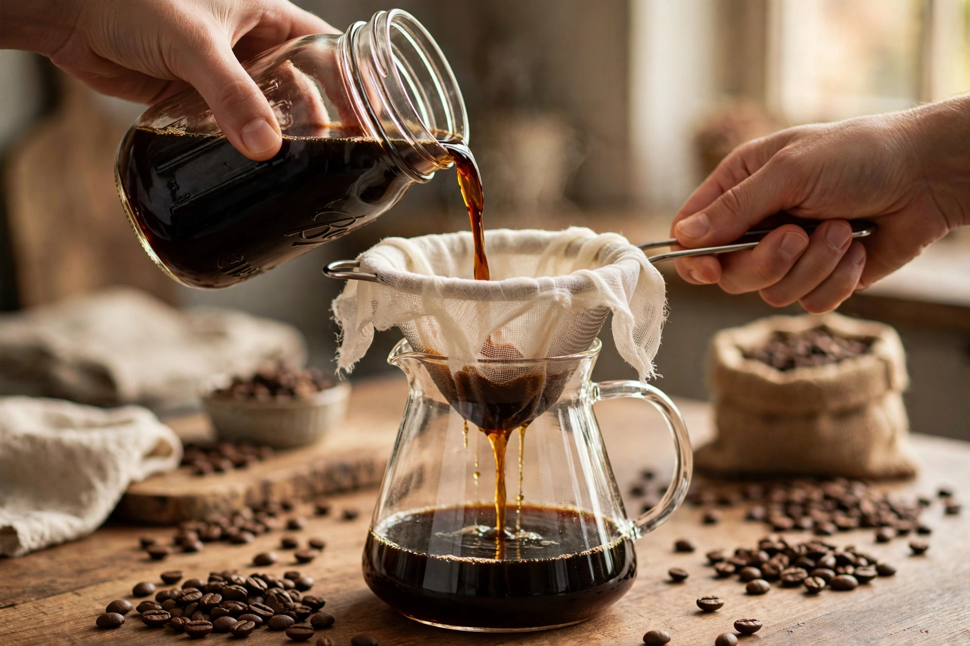 Straining cold brew through cheesecloth into a glass carafe
