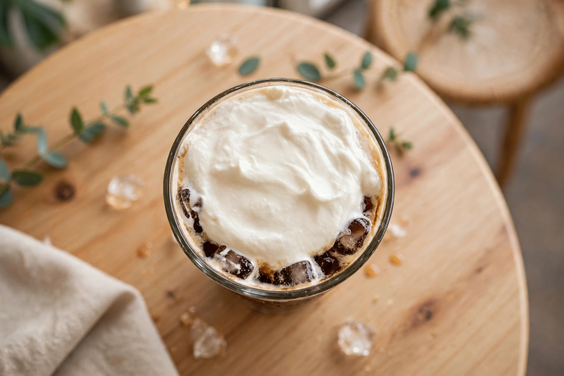 Tall glass of Korean-style cream top latte with whipped cream floating over iced coffee