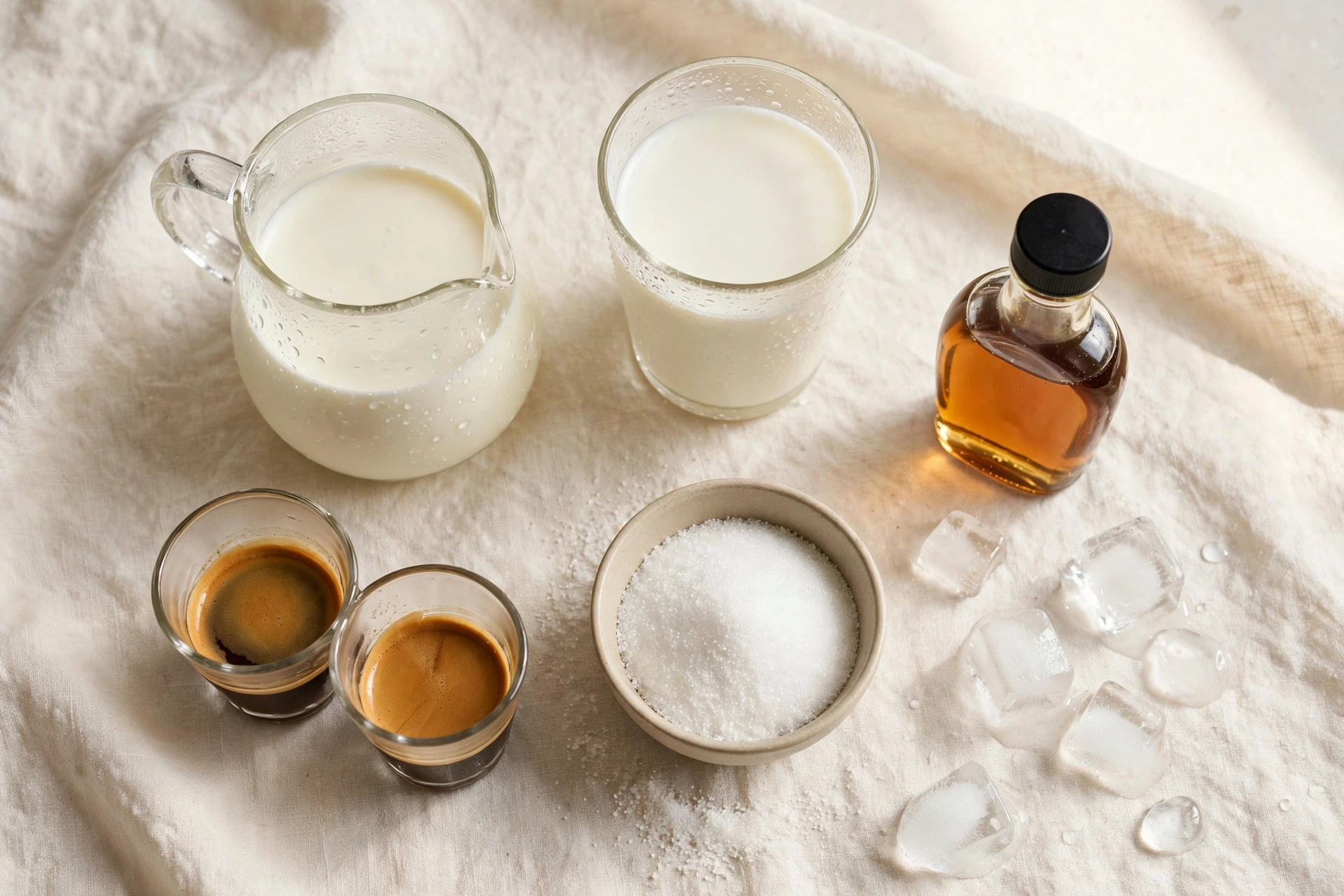 Ingredients for a cream top latte: heavy cream, milk, vanilla syrup, ice, and espresso or matcha on a counter