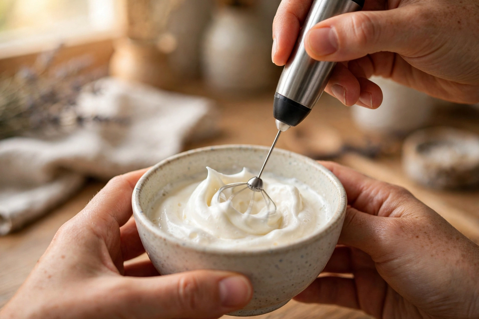 Whisking cold heavy cream with a handheld frother until silky and just barely holding soft peaks