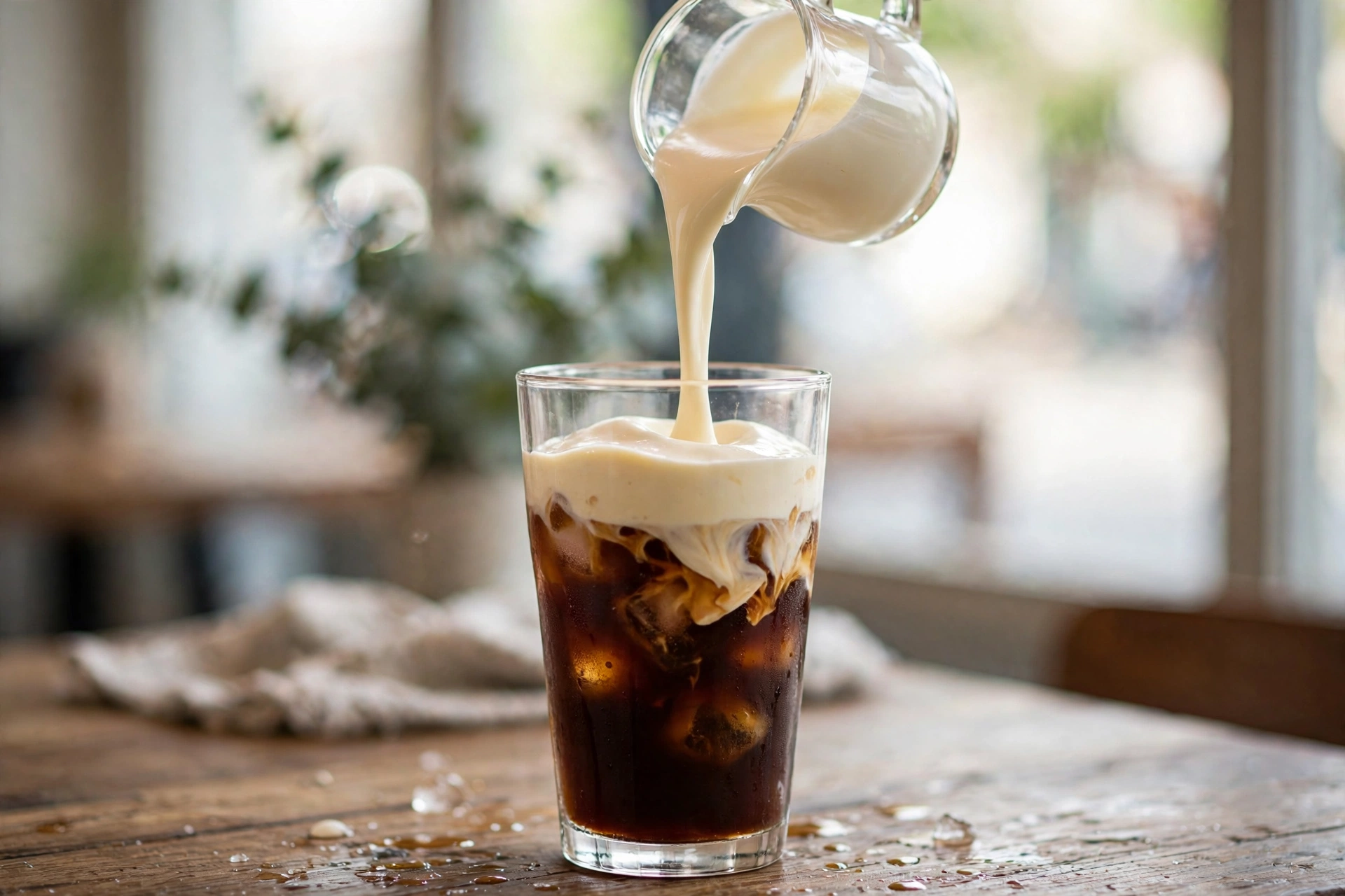 Pouring the whipped cream over the back of a spoon onto an iced latte, creating a clean floating layer