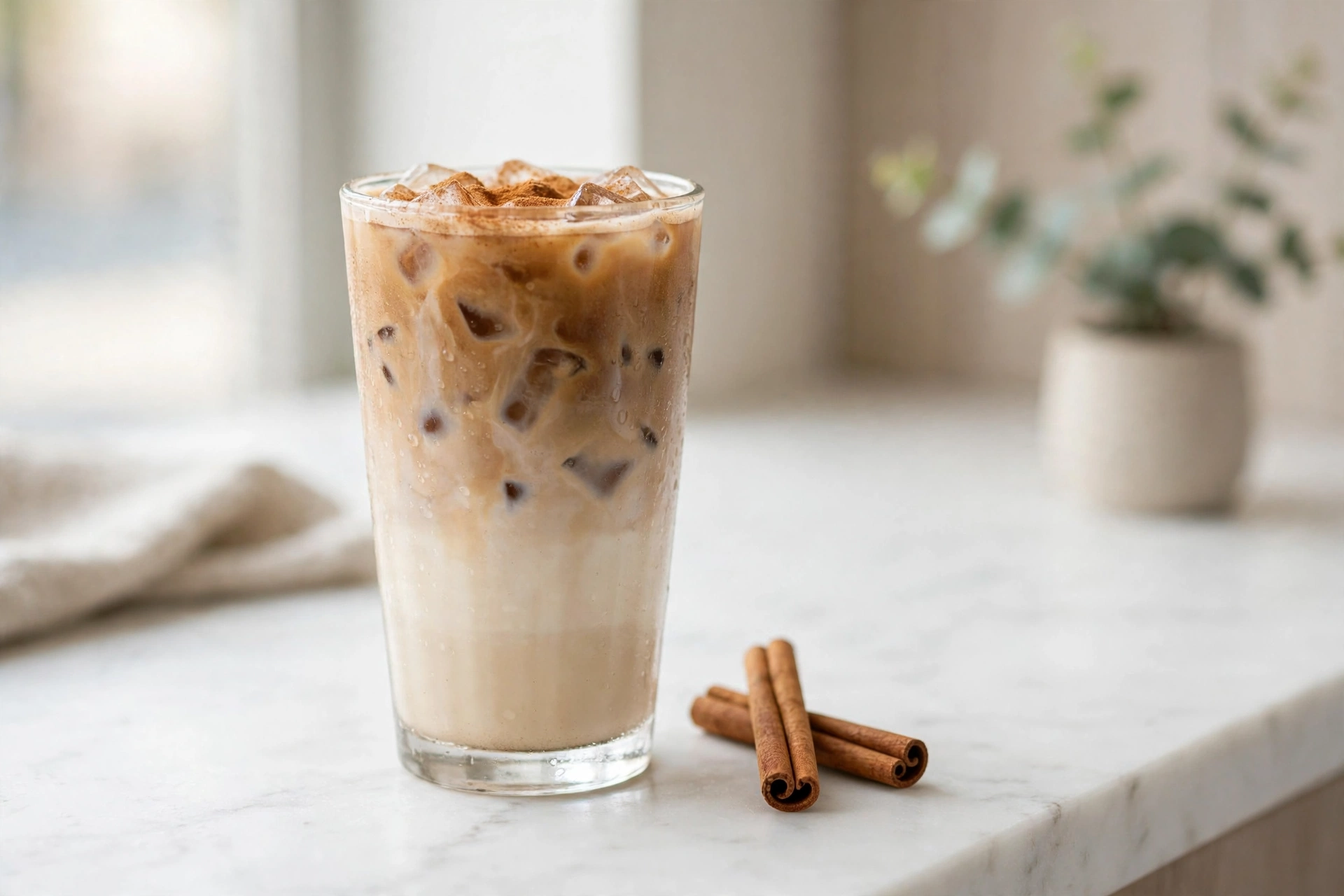 Iced cinnamon milk latte with a cinnamon dusting and cinnamon sticks on marble
