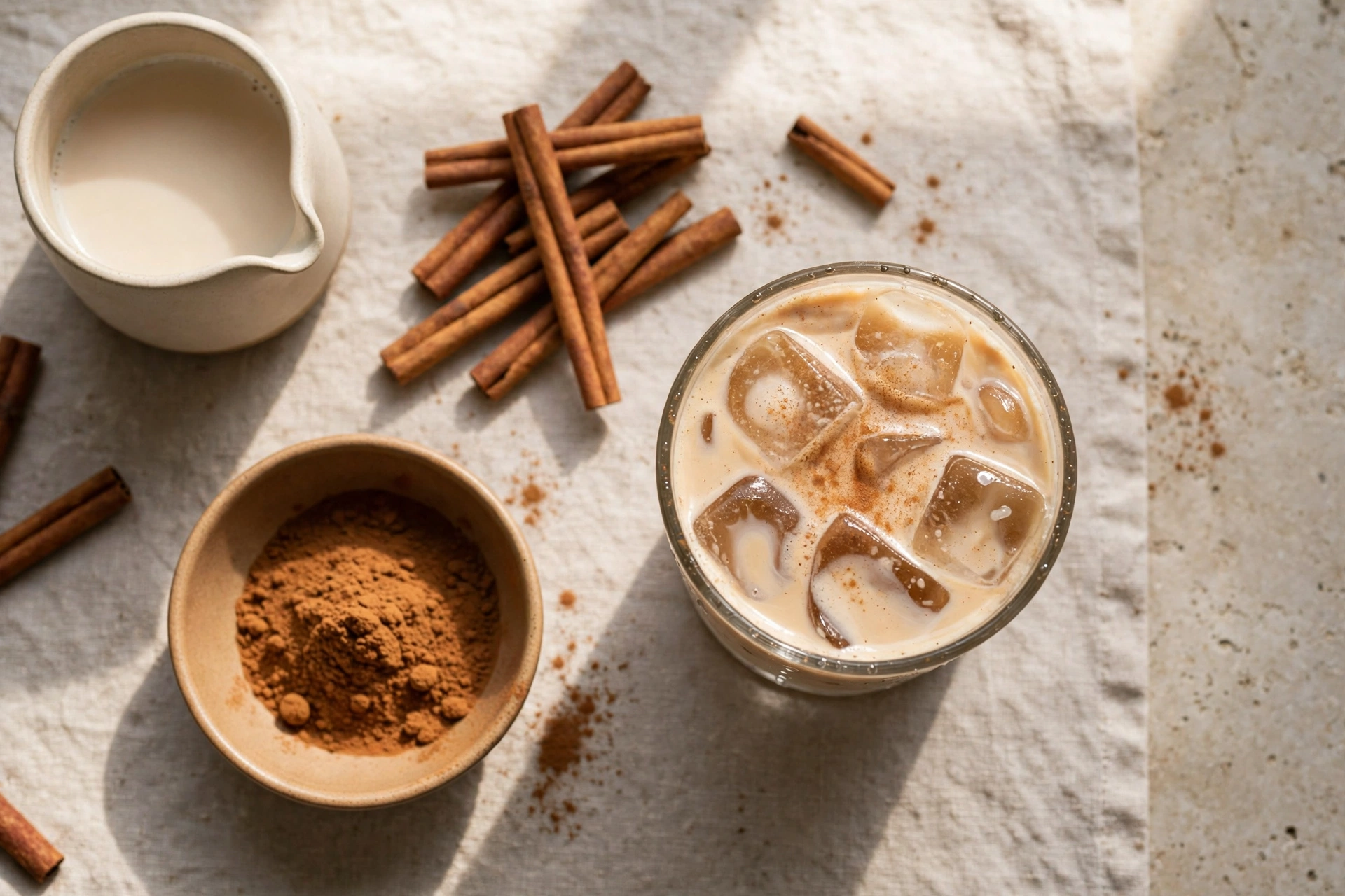 Overhead flat-lay of cinnamon latte ingredients: cinnamon sticks, ground cinnamon, oat milk