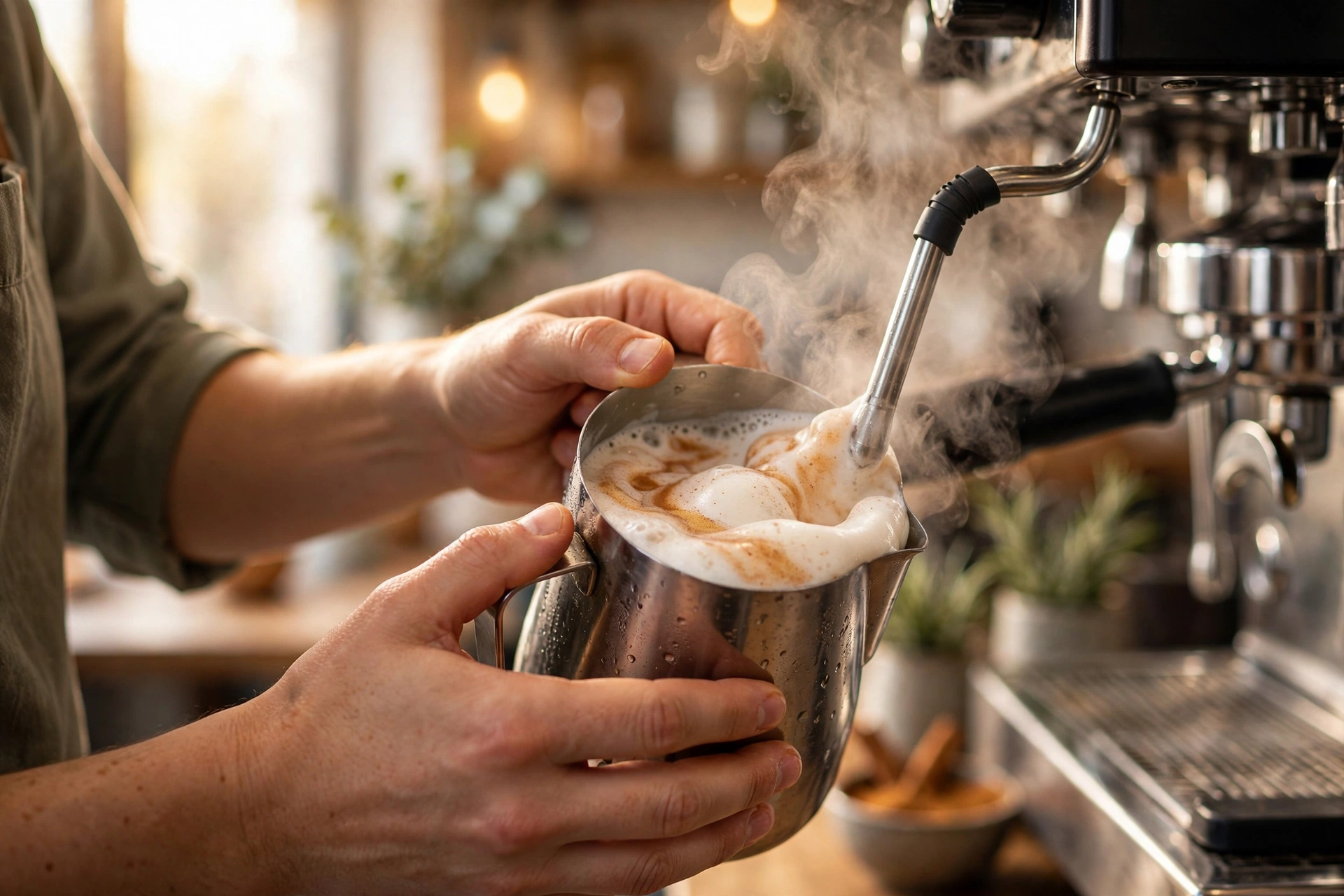 Barista hands frothing cinnamon-spiced milk in a pitcher at the espresso bar