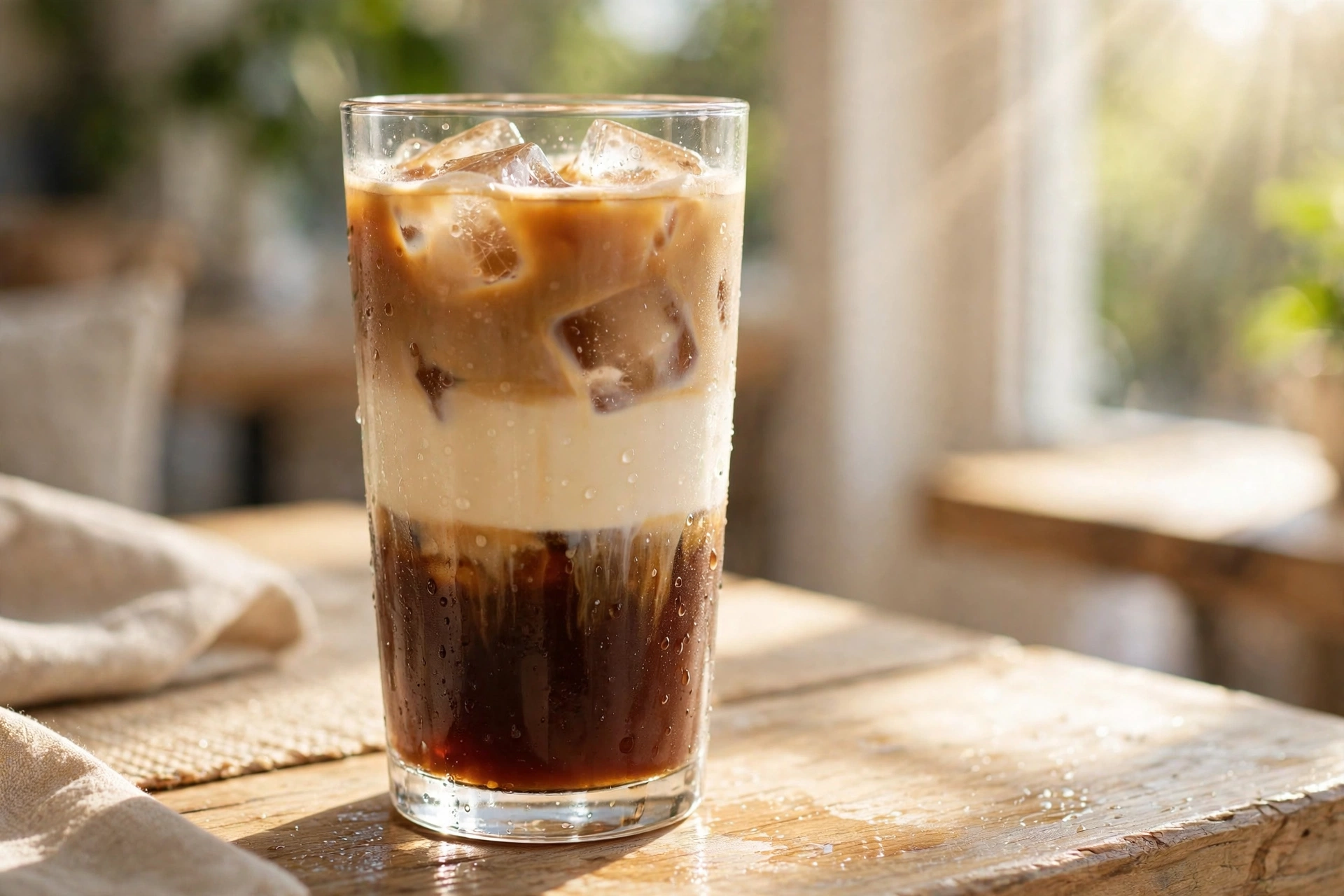 A tall glass of layered iced coffee with milk and ice on a sunny café table