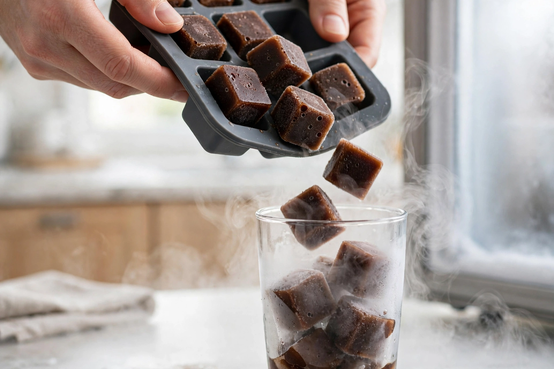 Frozen coffee cubes being tipped from an ice tray into a glass