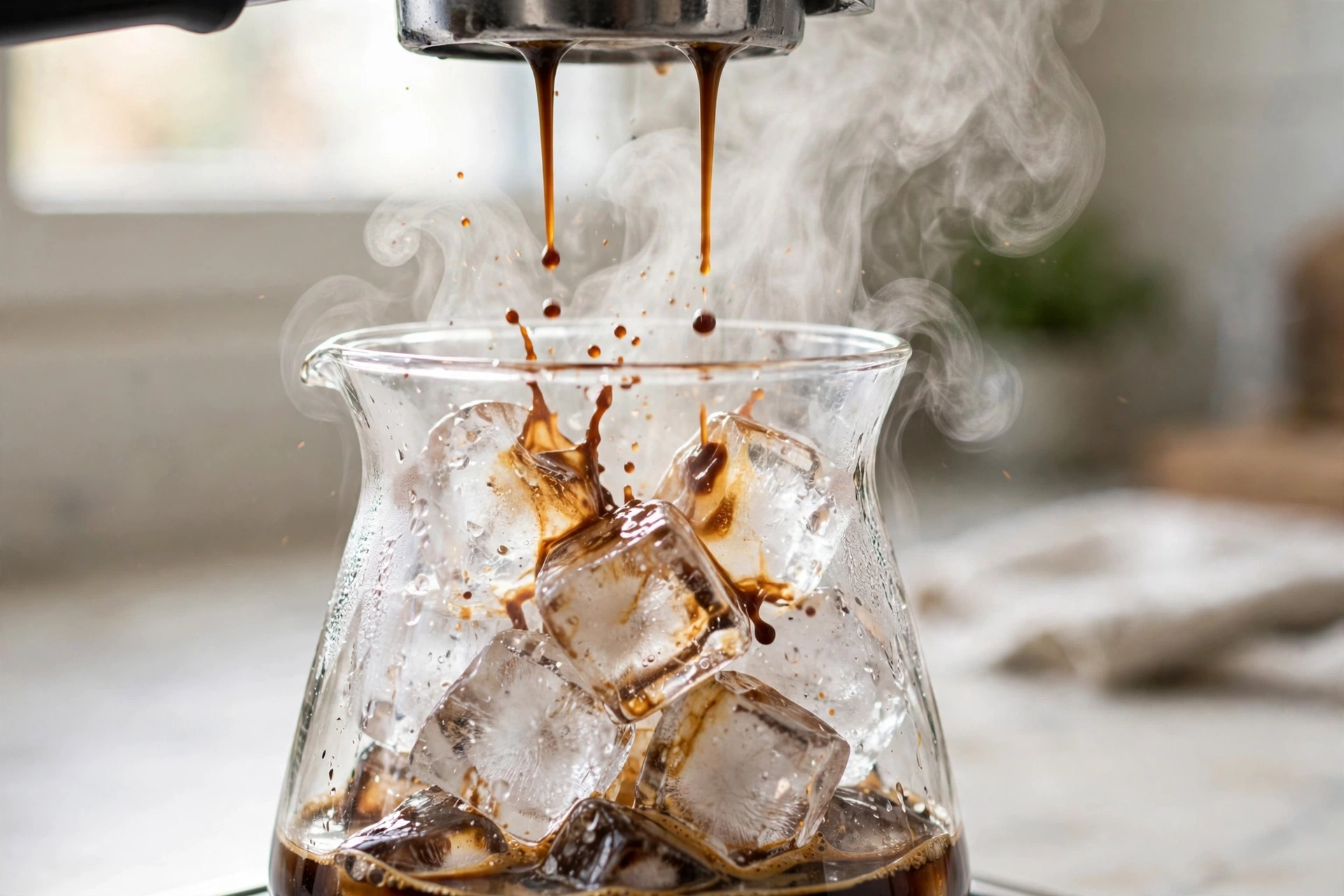 Hot espresso dripping onto ice cubes in a glass carafe for flash-chilled iced coffee
