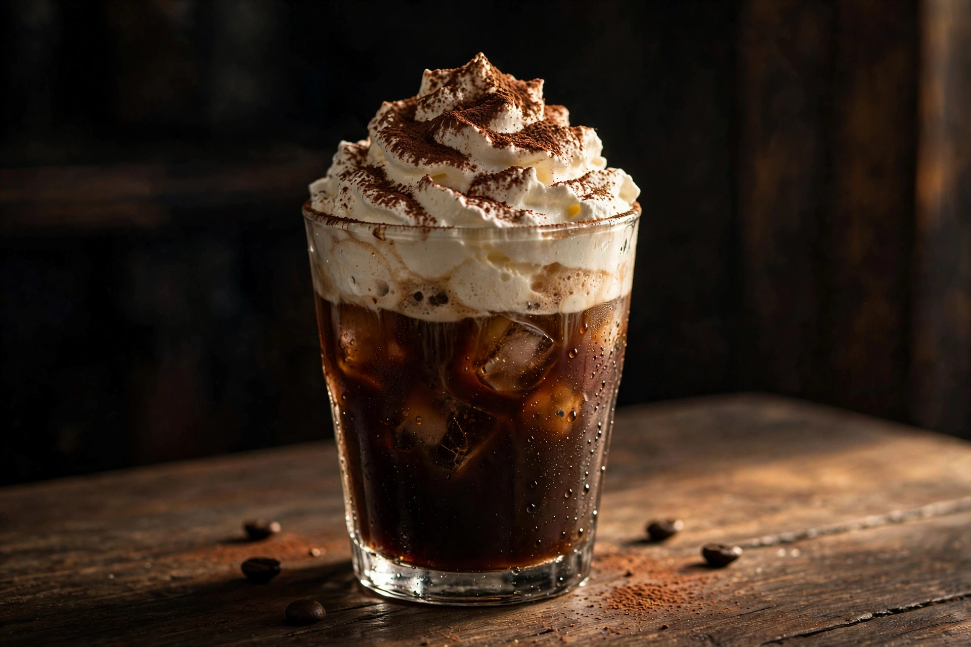 Classic einspänner with cocoa-dusted cream over iced espresso on a dark wooden table