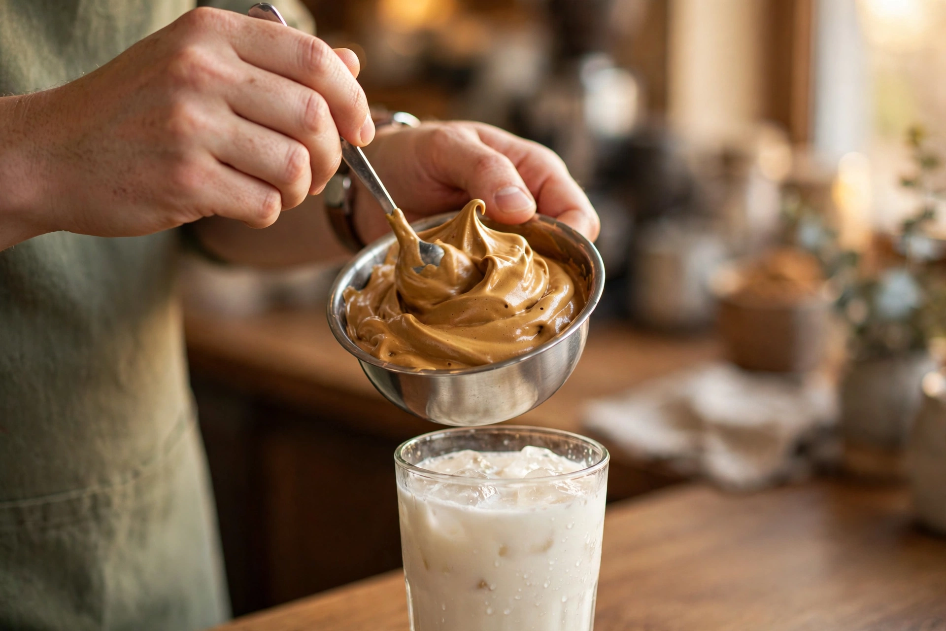 Hands spooning thick whipped dalgona coffee over a glass of iced milk