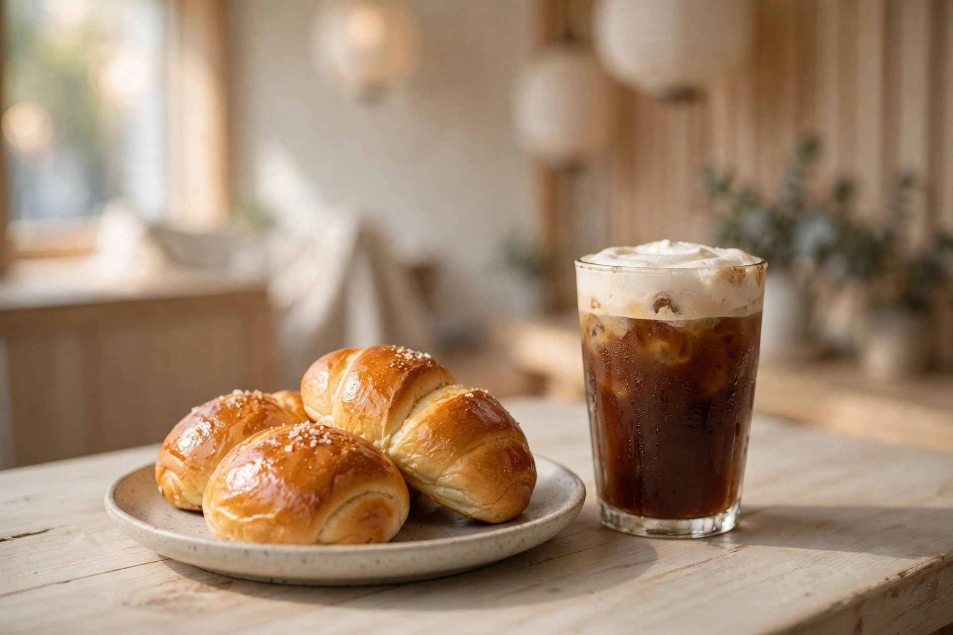 Korean salt bread rolls and cream-topped iced coffee on a café table