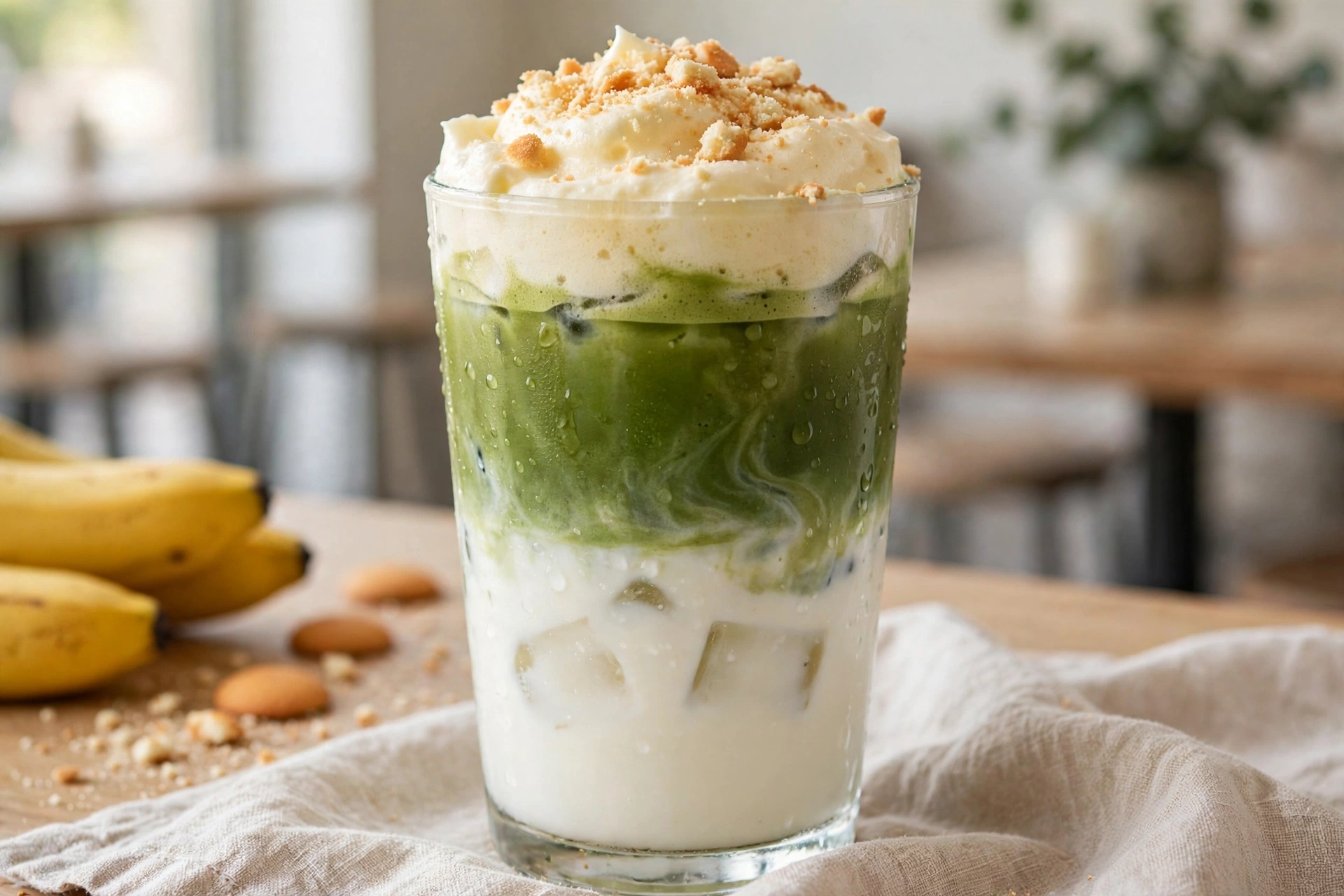 Iced banana pudding matcha in a tall glass with green matcha layer over milk and banana cream foam