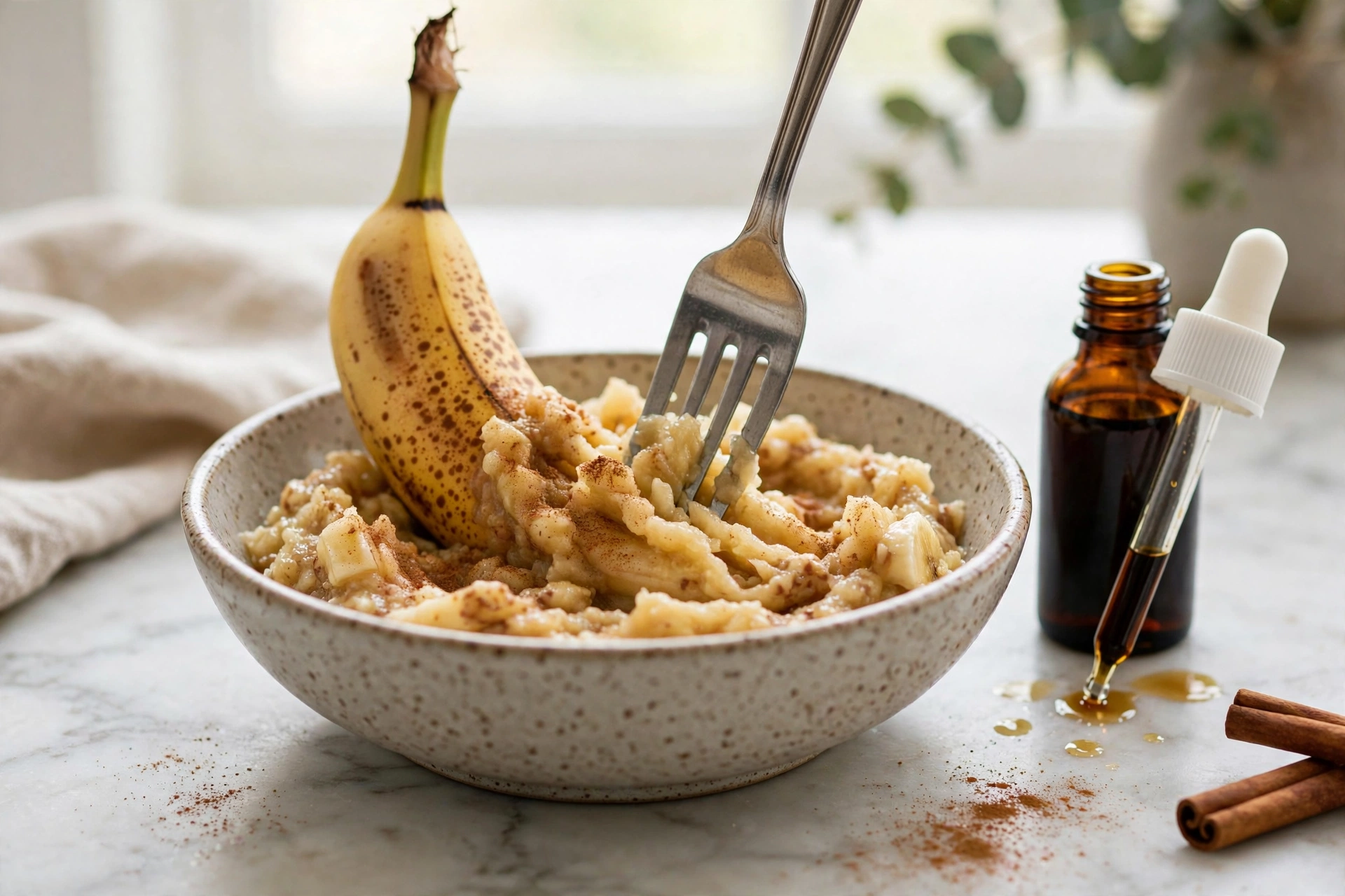 Ripe banana being mashed in a bowl with vanilla and cinnamon for banana pudding