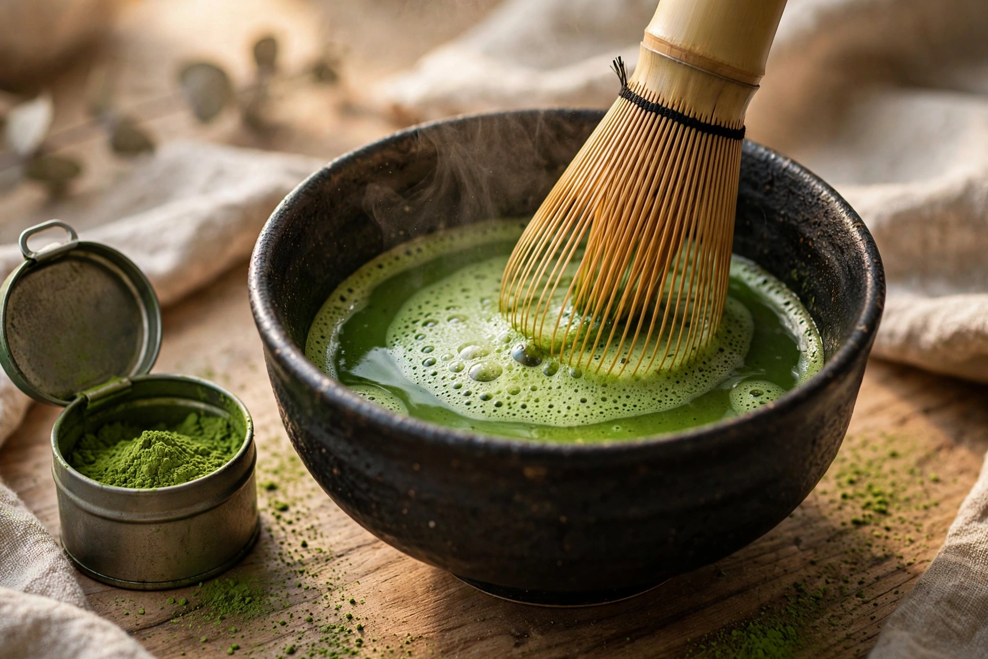 Matcha powder being whisked with hot water in a ceramic bowl with a bamboo whisk