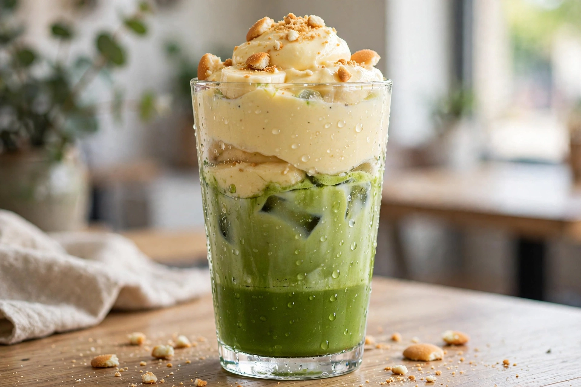 Iced banana pudding matcha latte with creamy banana pudding dollop over green matcha