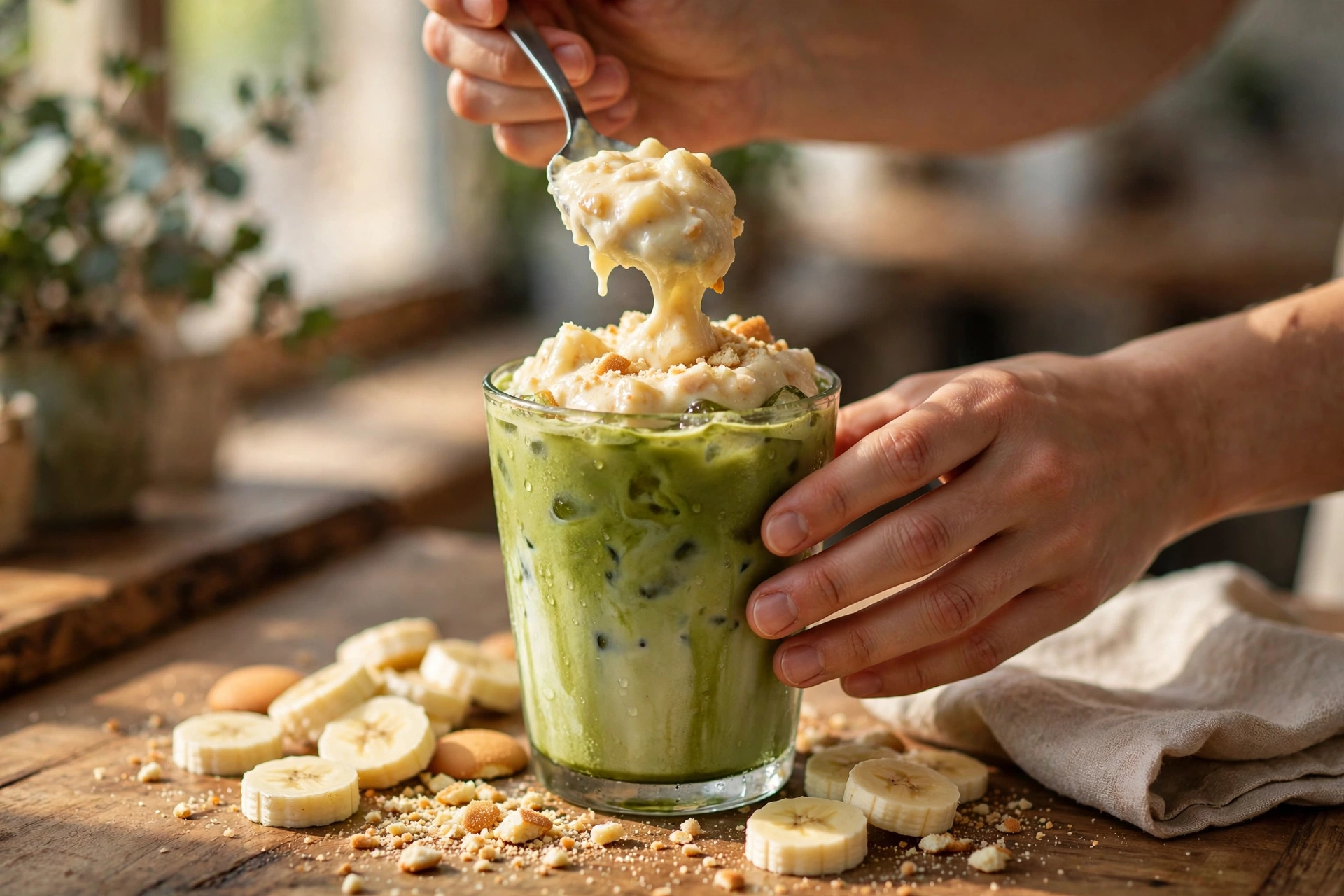 Banana pudding matcha being layered in a clear glass with crushed vanilla wafers