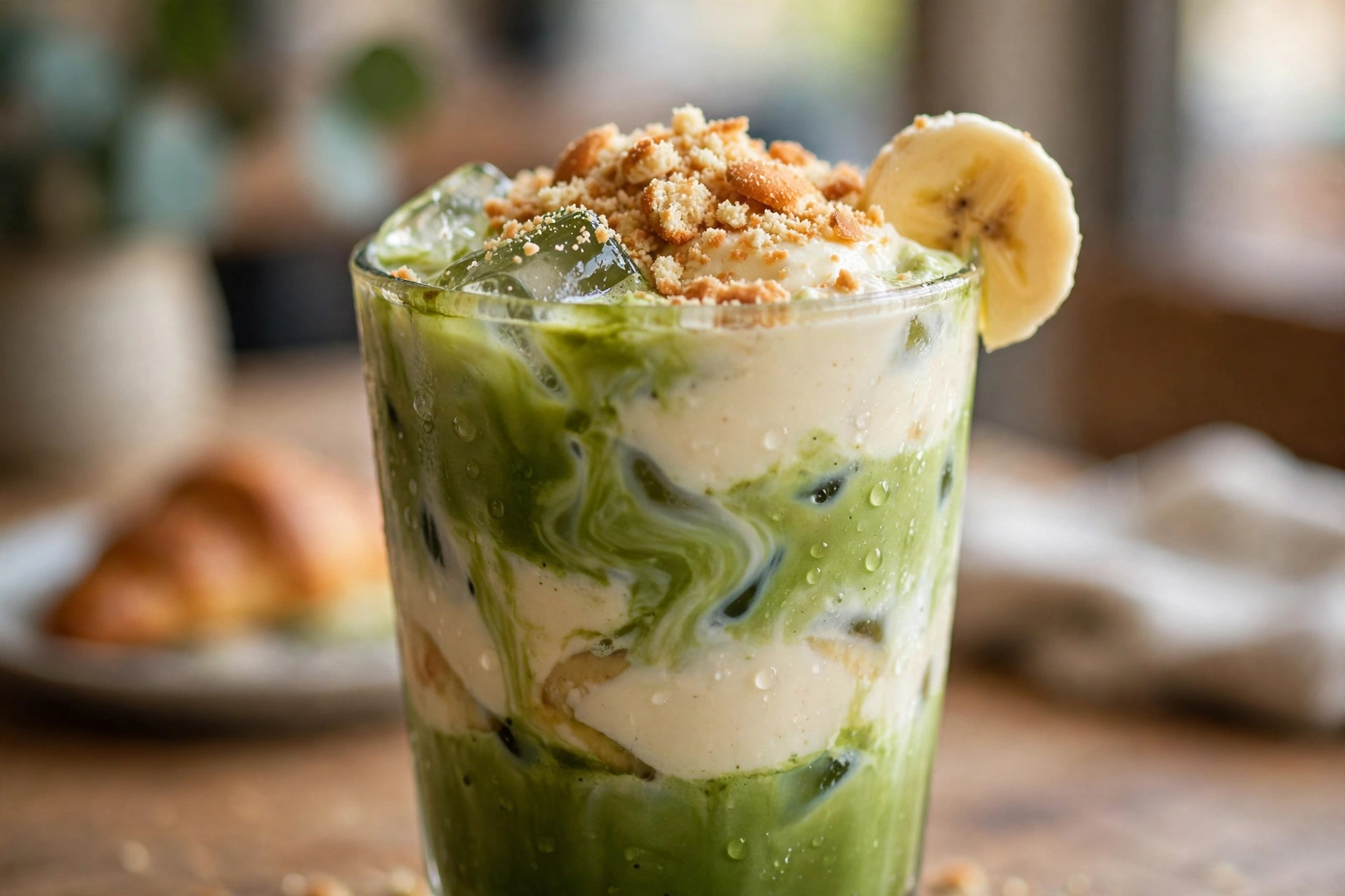 Banana pudding matcha topped with vanilla wafer crumbs and a banana slice
