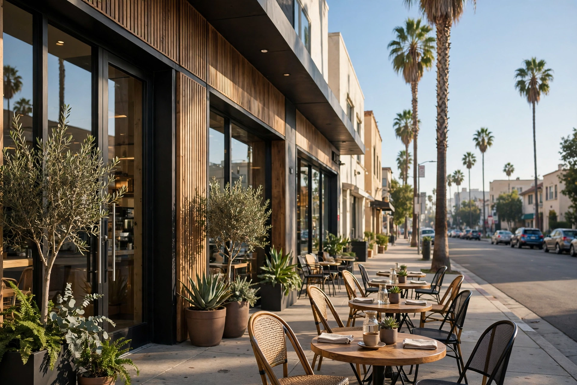 Trendy coffee shop storefront with outdoor seating on a palm-lined Los Angeles street