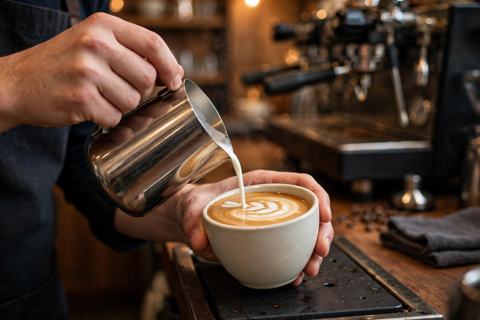Barista hands pouring latte art into a ceramic cup at an espresso bar