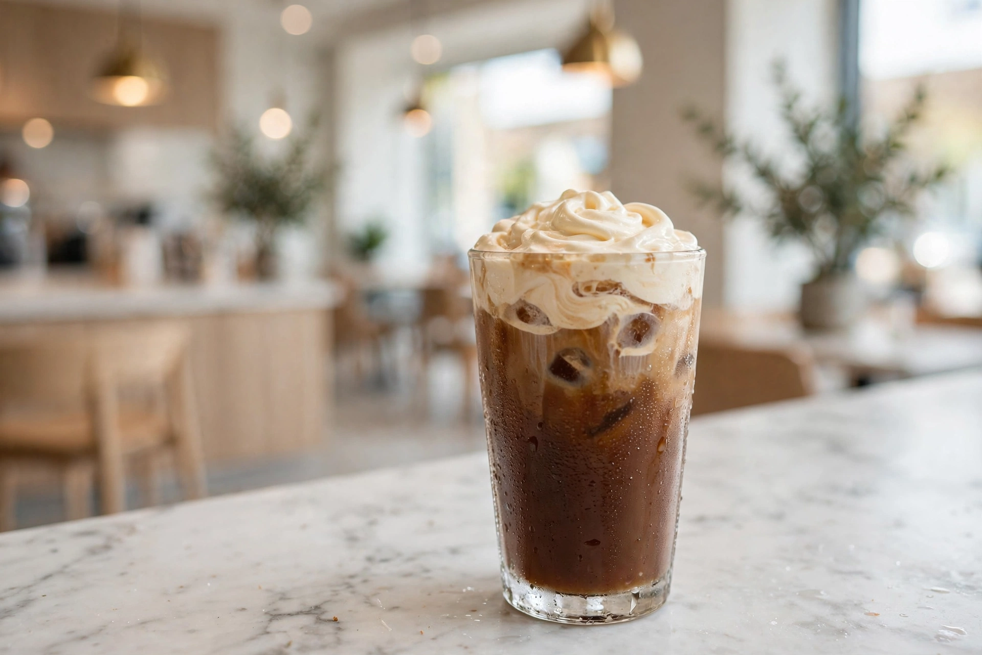Tall glass of iced coffee topped with a swirl of cream on a marble café counter