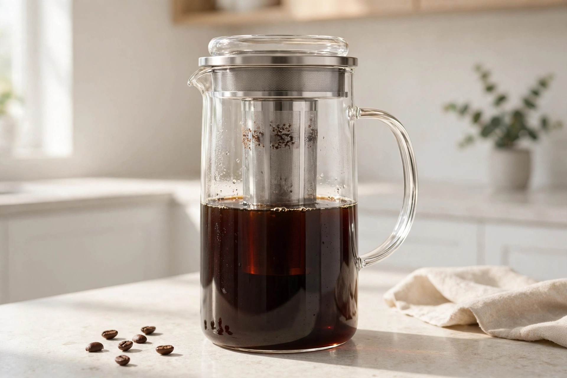 Glass cold brew coffee maker pitcher with mesh filter on a kitchen counter