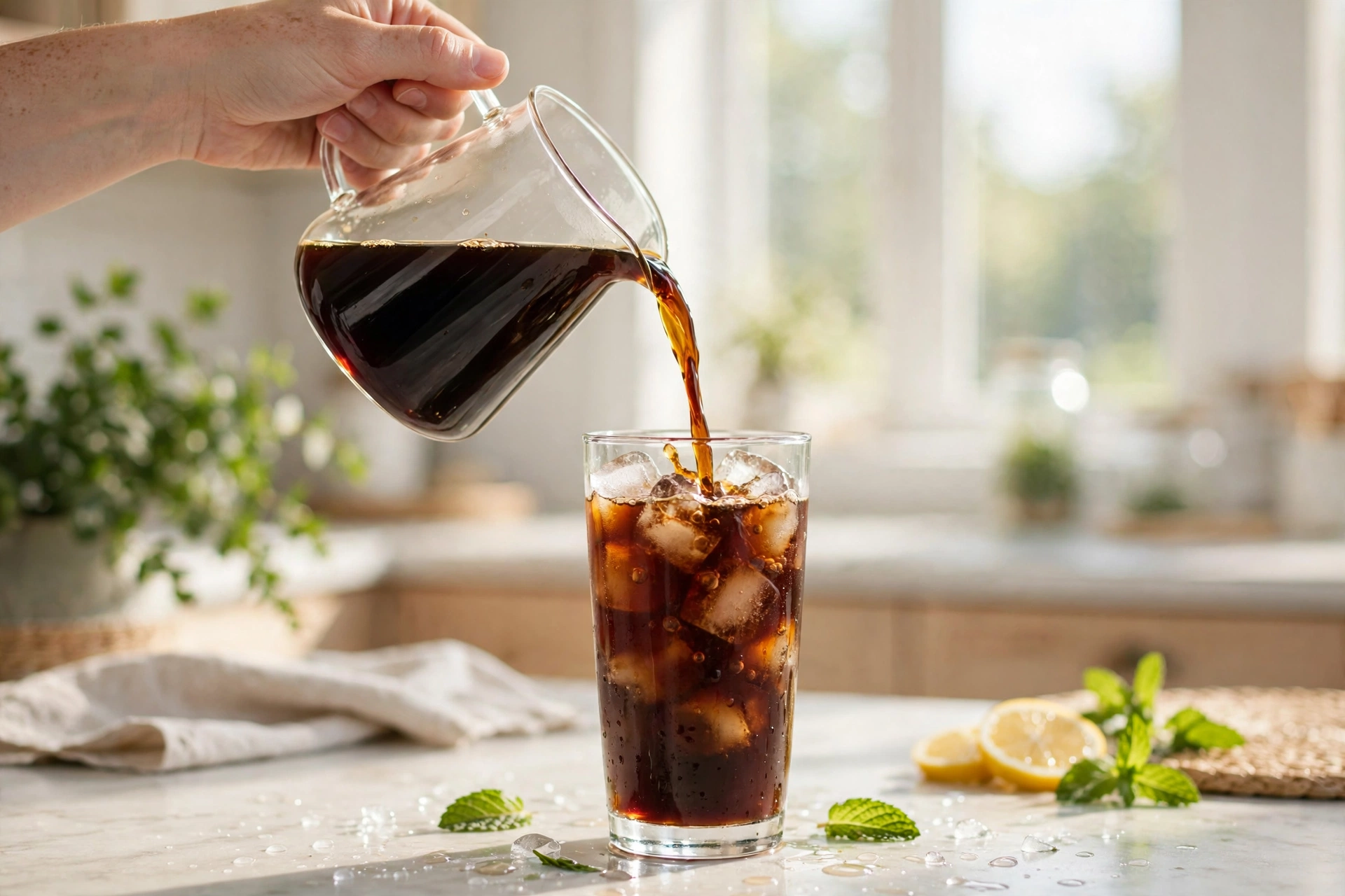 Pouring cold brew concentrate from a pitcher over ice